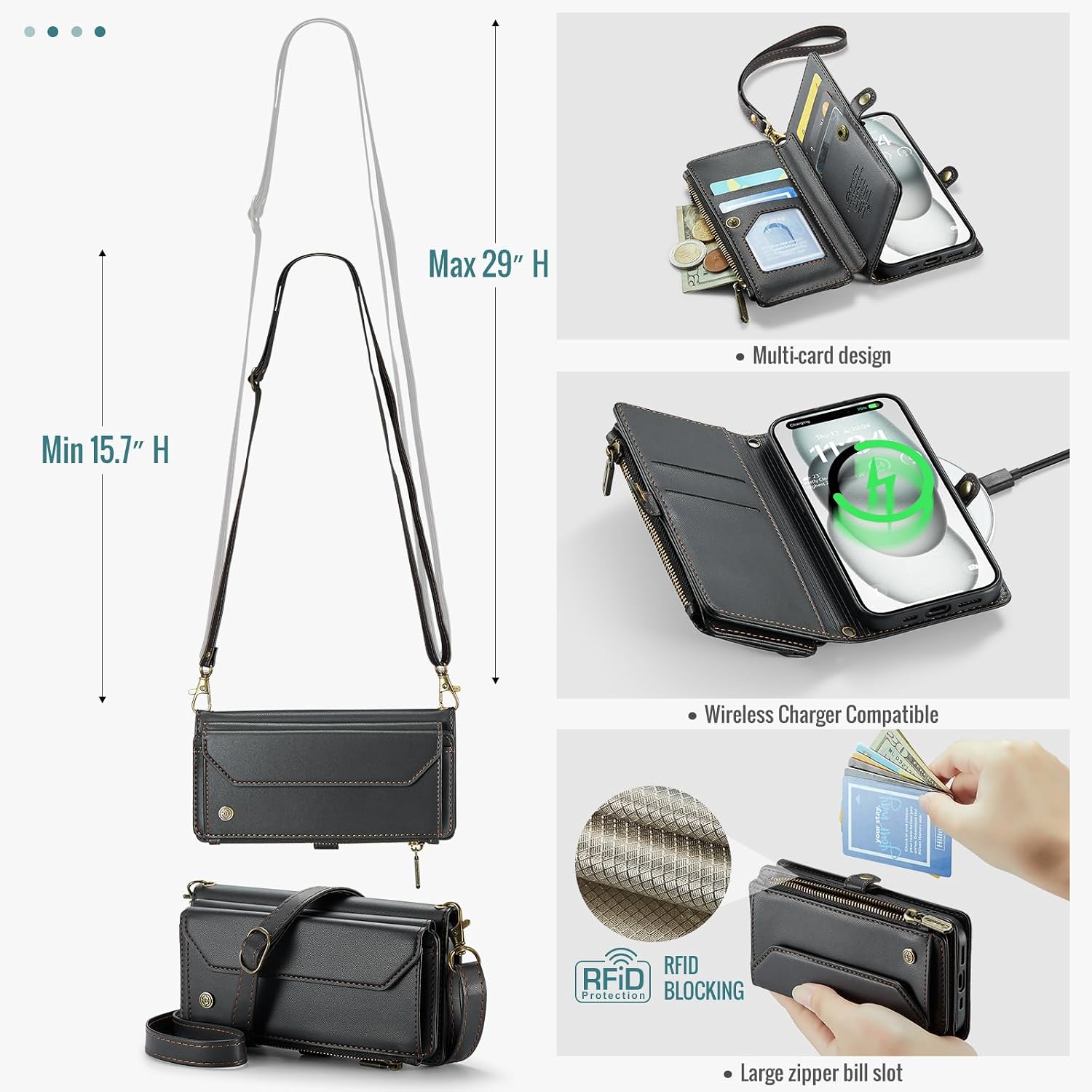 Crossbody Wallet Case for iPhone 15 with Card Holder, RFID Blocking, Kickstand, Soft PU Leather, Magnetic Snaps, Zipper Pocket for iPhone 15 Phone Case Black