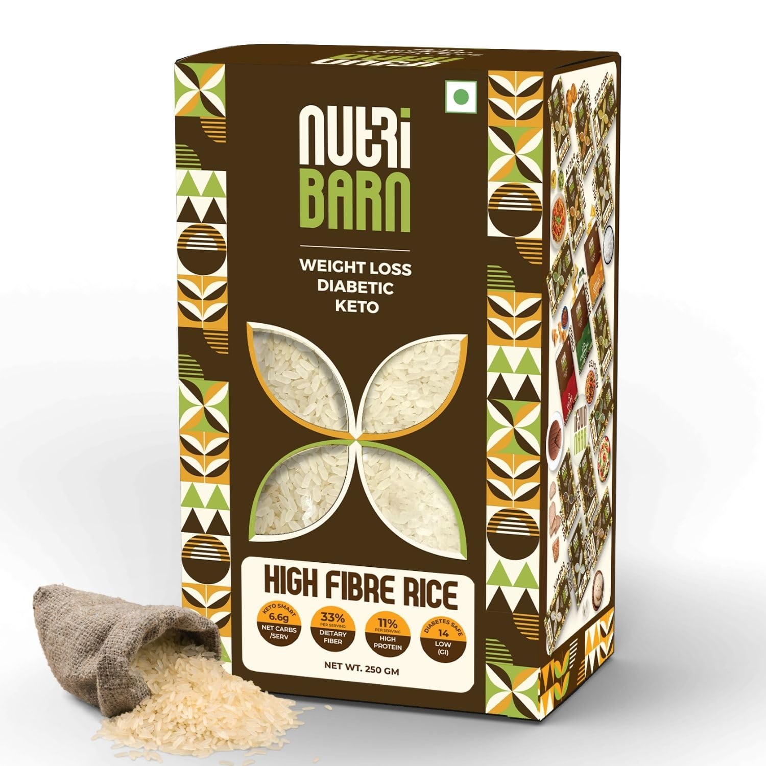 Nutribarn High Protein Low Carb Rice 250 Gms | 11% Protein | 6.6g Net Carbs | Lab Tested Low GI 14 | Diabetic Friendly, Weight Management High Fiber Rice | 250g (1 Pack)