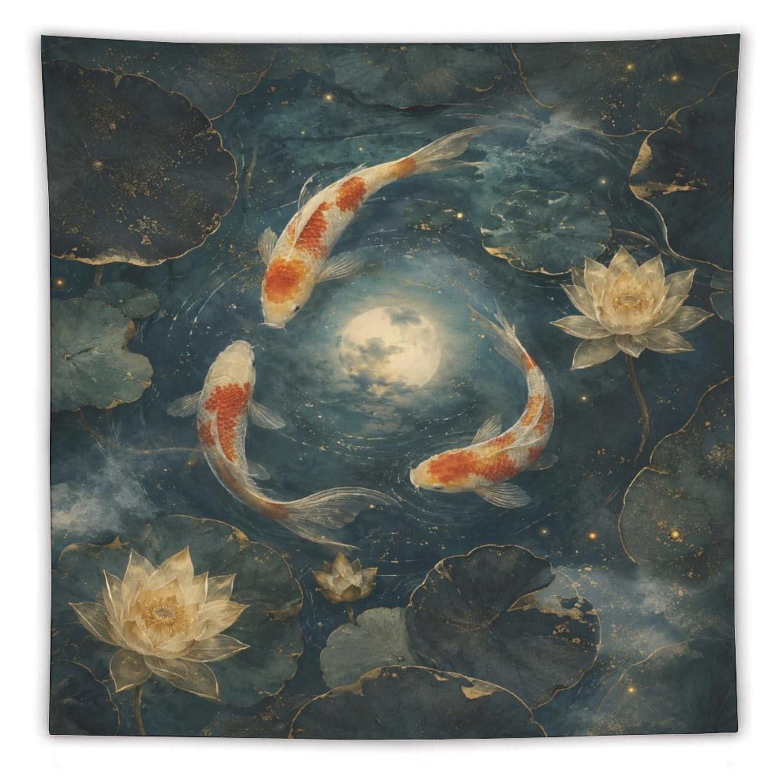 H3B8U2Y5 Koi Fish Moon Wall Tapestry, Ukiyo-e, Minimalist Asian Art