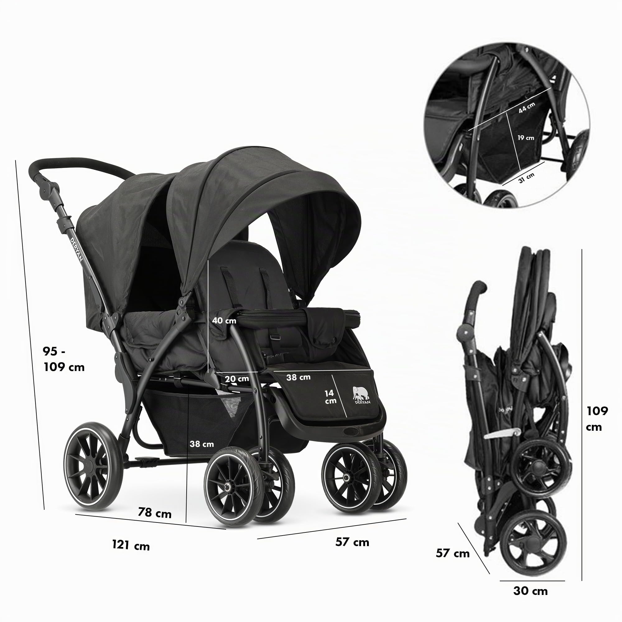 Deryan Elena Poussette Duo Tandem pour Enfants - Double Duett avec Harnais 5 points et Ajustable à 4 ans (Noir)
