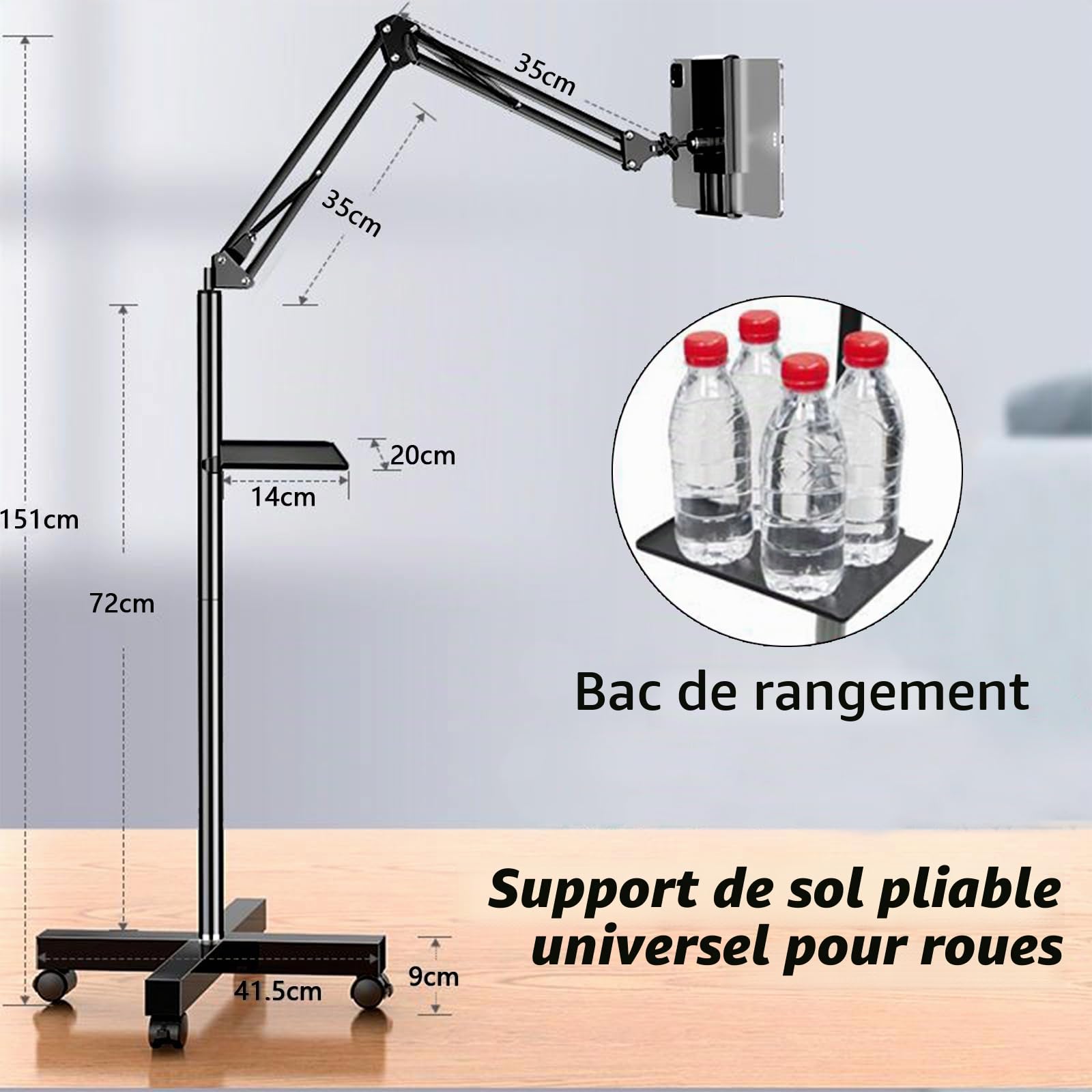 Support de Tablette Réglable col de Cygne avec Roulettes Mouvement Libre pour iPad iPhone Samsung Onglet Smartphone Liseuse