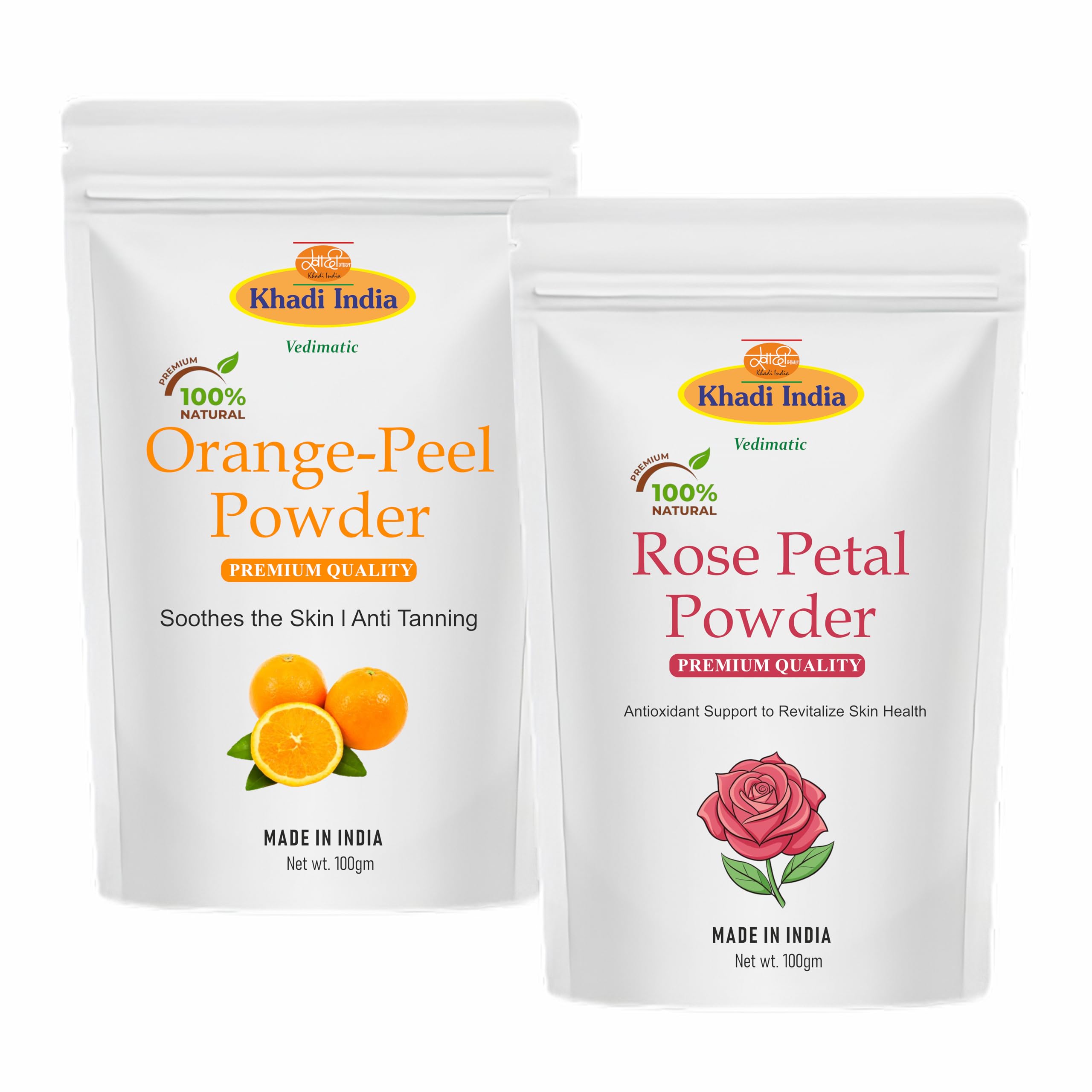 Khadi 100% Pure Organic Orange Peel Powder, Rose Petal Powder Combo-200g(100g x 2 Pack) | Orange Peel Powder, Rose Petal Powder for Face Pack, Skin Whitening, Oil Control