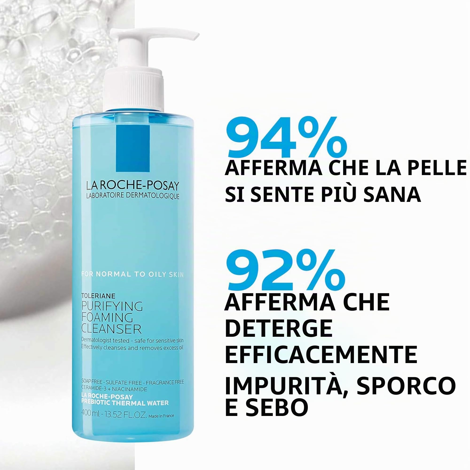La Roche-Posay Toleriane, Gel Detergente Schiumogeno a Doppia Azione, Adatta a Pelli Sensibili, Elimina Impurità e Sebo, Pelle Morbida e Idratata, Formula con Tensioattivi Delicati e Glicerina, 400 ML