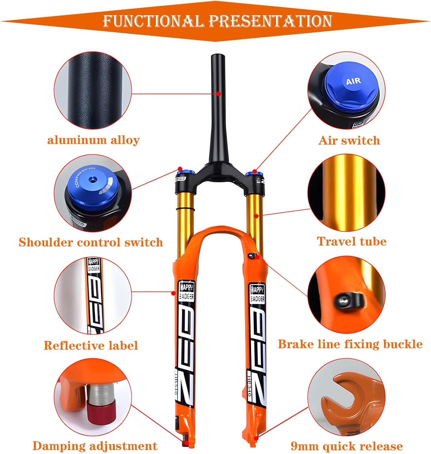 バイクサスペンションフォーク、26/27.5/29インチマウンテンバイクに適合 AIR05 120mmトラベル、リバウンド調整、QR