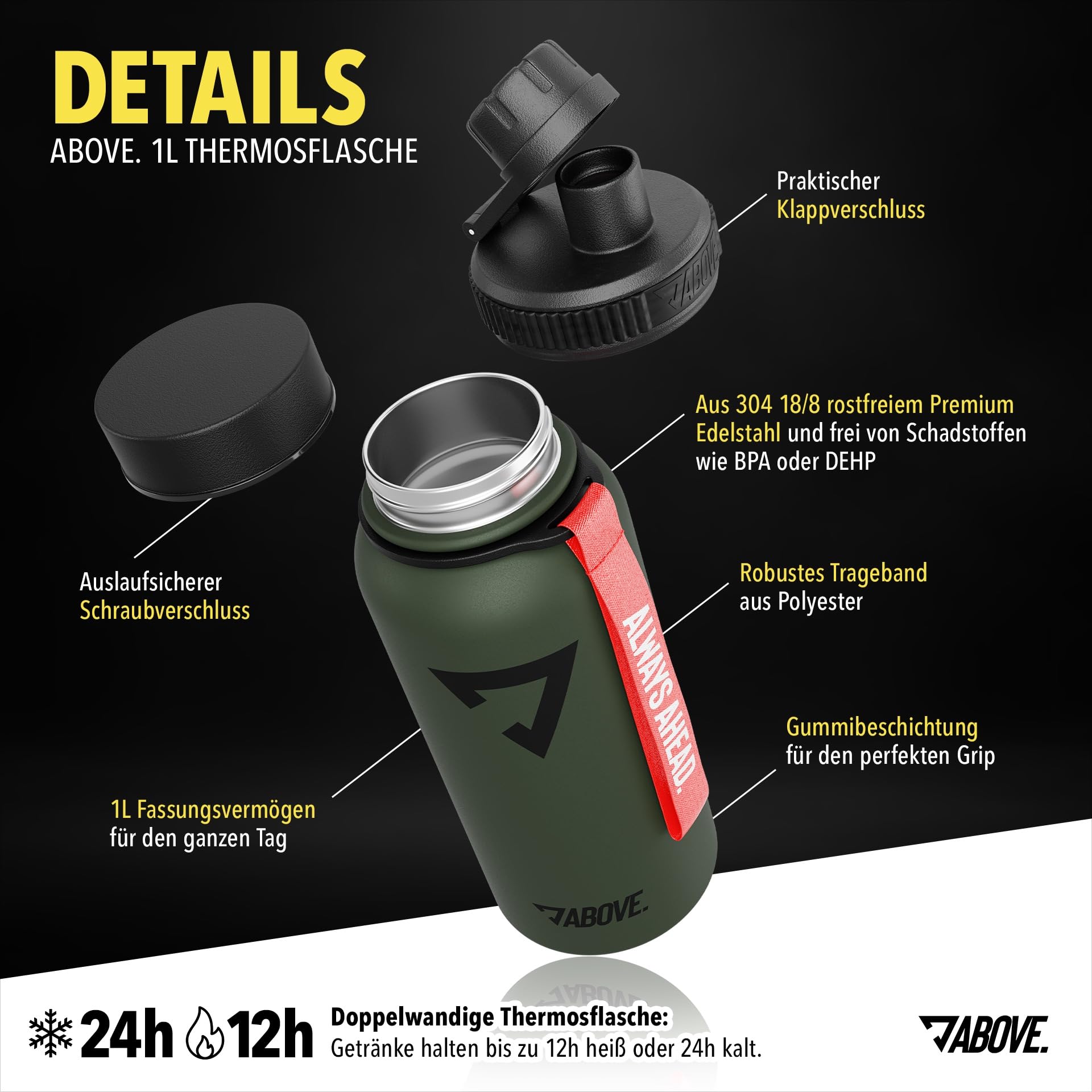 ABOVE. Trinkflasche Edelstahl 1L I Gratis Trinkverschluss I BPA-FREI I Thermosflasche hält bis zu 12H Heiß & 24H Kalt I Isolierflasche 1 Liter auslaufsicher & robust für Fitness, Sport & Outdoor
