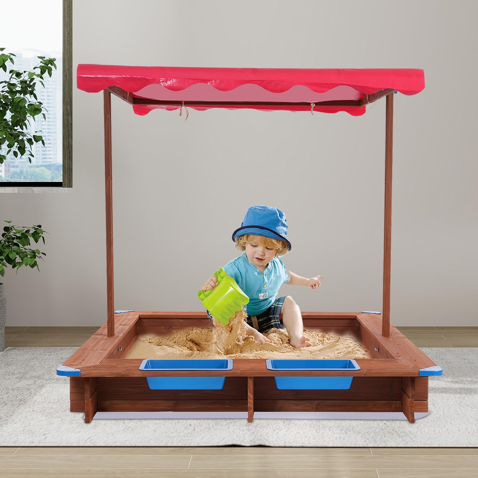 Sandkasten mit Dach Sitzbank und Boden Vlies-Folie, Sandkiste mit Plane, Kinder-Sandkasten Outdoor, Matschküche Kinder Outdoor, Spielzeug ab 3 Jahre, Die Beste Wahl für Kindergeschenke (Rot)