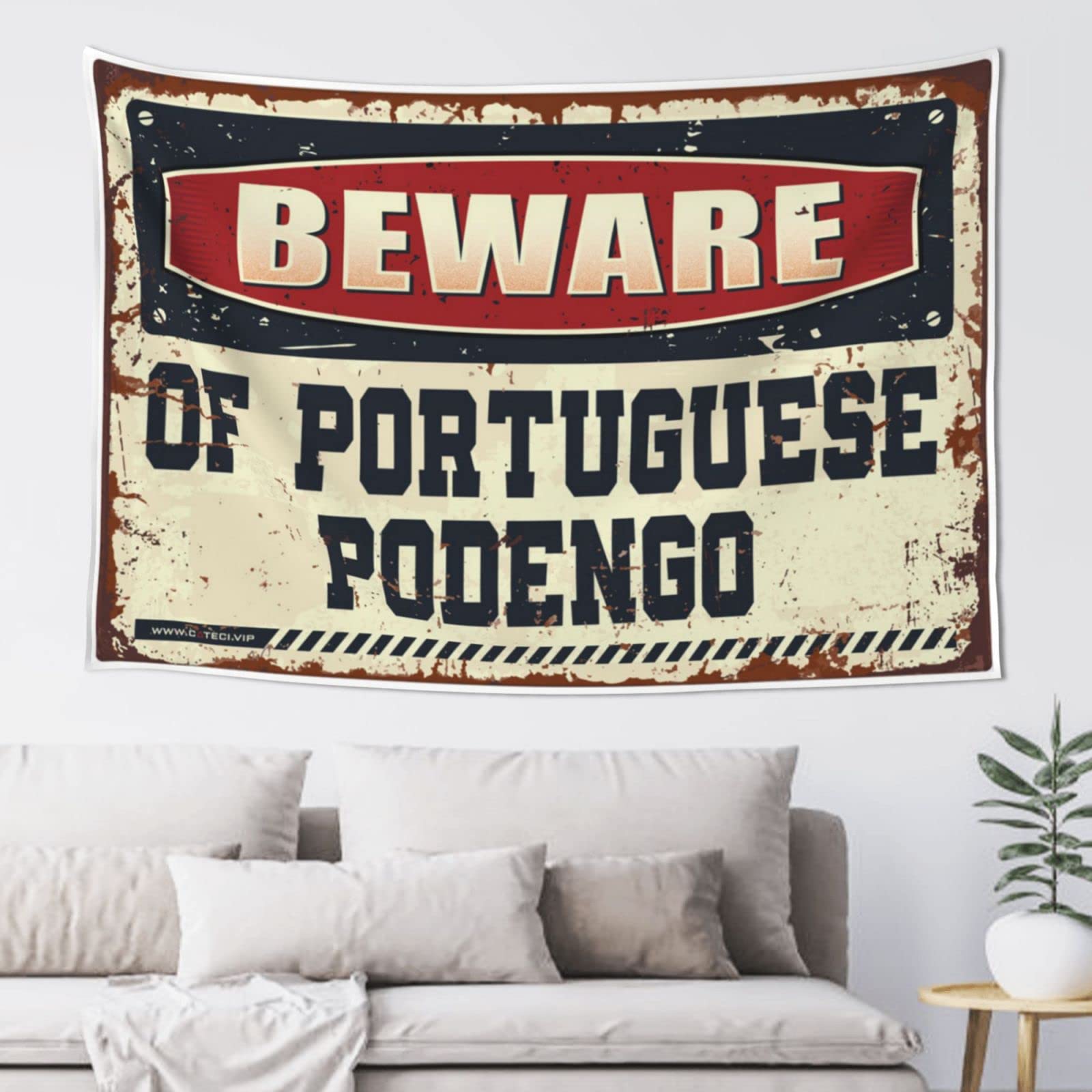 PRAVOXI Vintage Bar Decor Beware Of Portuguese Podengo Tapestry Room Door Decor Room Door Decor(100X150CM)