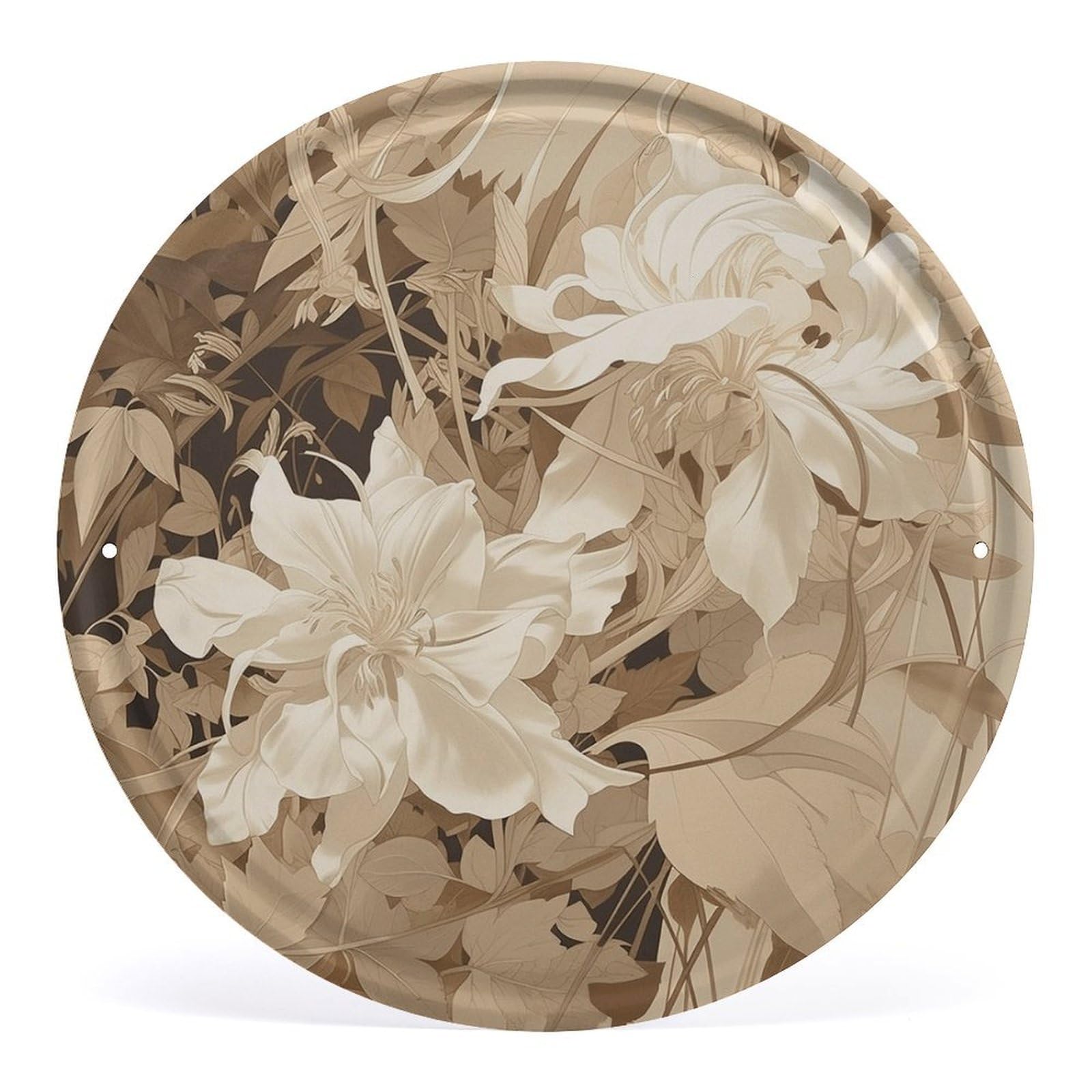 Fodpand Style Flower Palm Leaves Round Wall Art Hanging Decorations, Wall Decor Modern Minimalist Artwork, Tin Sign Hanging Picture For Living Room, Bedroom, Office, Hallway, 11.8X11.8 Inch