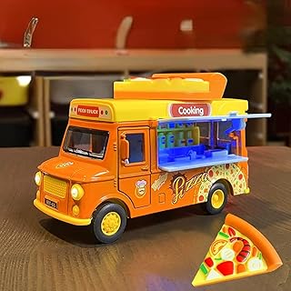 لعبة سيارة للأطفال بتصميم ايس كريم وبرجر ومطبخ للوجبات السريعة مع موسيقى، مصنوعة من خليط معدني (عربة بيتزا بلون برتقالي) من واي ام اكس