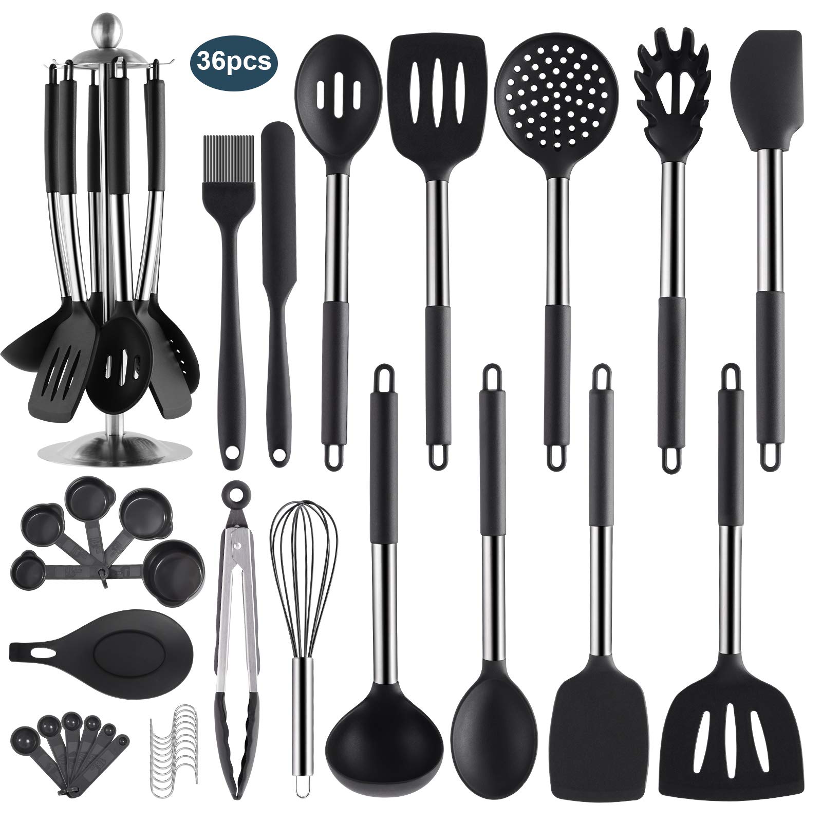 36PCS Stainless Steel Silicone Kitchen Cooking Utensil Set with Holder for Countertop, RCXHIKER Kitchen Utensil Spatula Se...
