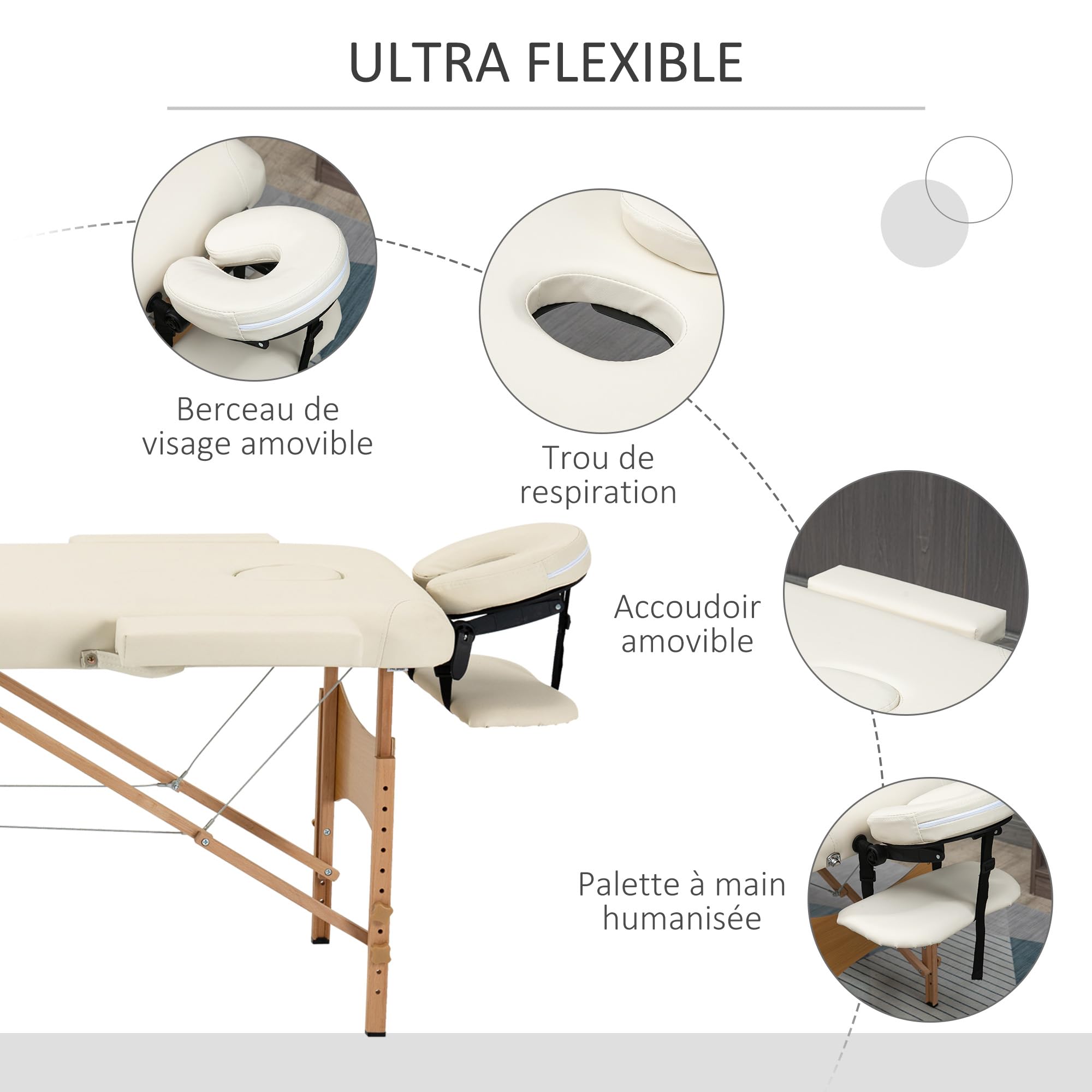 HOMCOM Lit/Table de Massage cosmetique Pliable en Bois 2 Zones crème