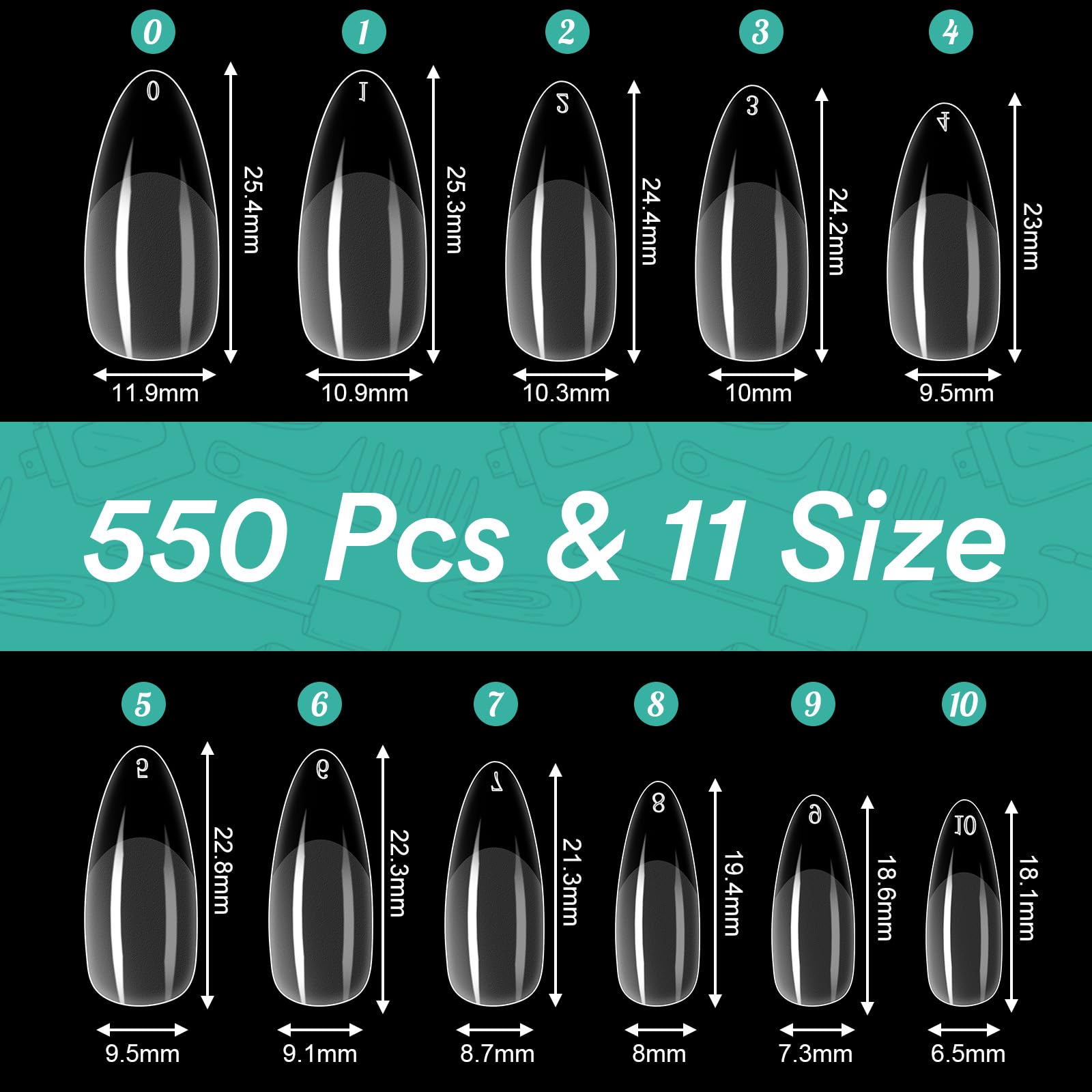 Alyvisun 550 Piezas Uñas Postizas Transparentes, 11 Tamaños Tips Uñas Falsa Con 240 Piezas Gel Uñas Pegatinas Kit, Artificial Puntas de Uñas Francesas con Caja para Mujeres Niñas Salones y DIY