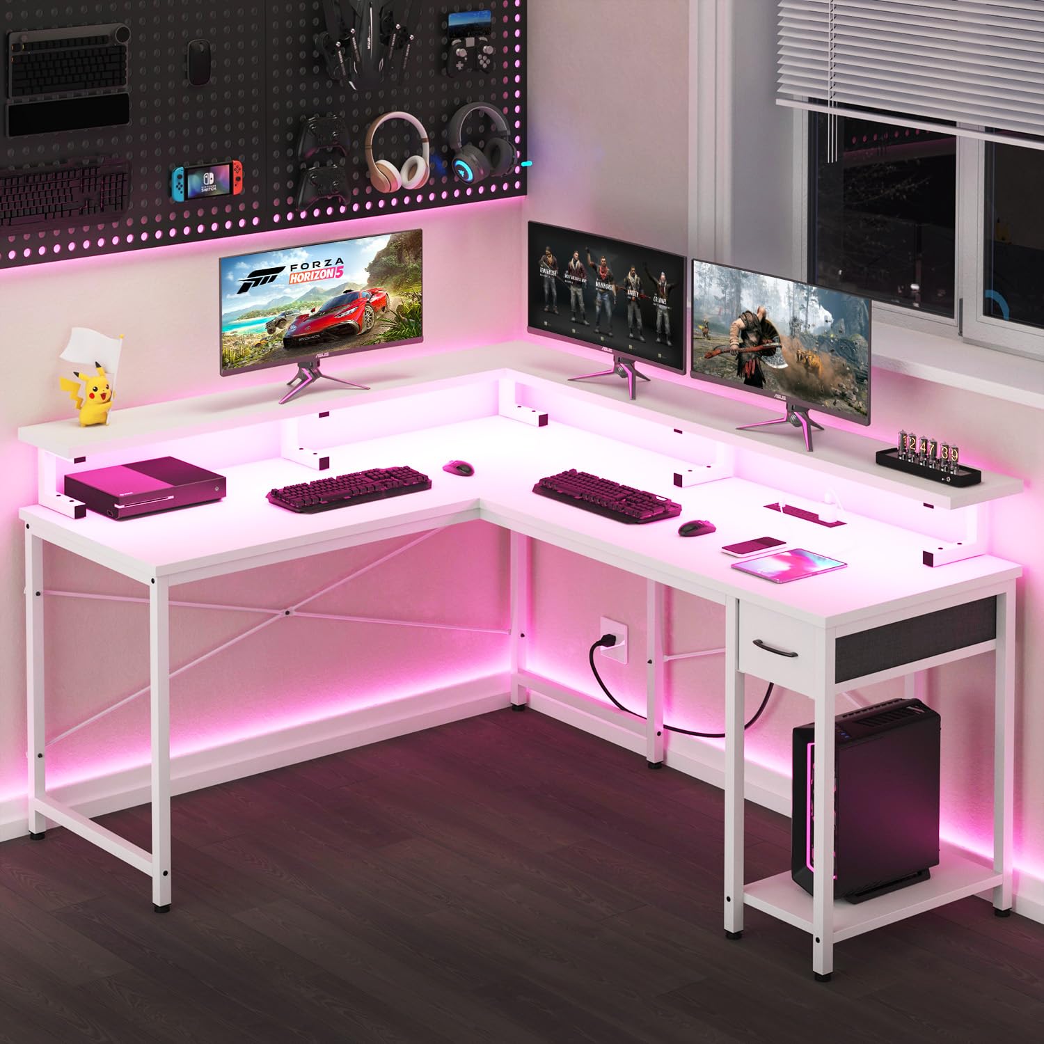 L Shaped Computer Desk with LED Lights & Power Outlets, Reversible Gaming Desk with Monitor Stand, Sturdy L Shaped Desk with Drawers Home Office Corner Desk with CPU Stand, Easy Assembly, White