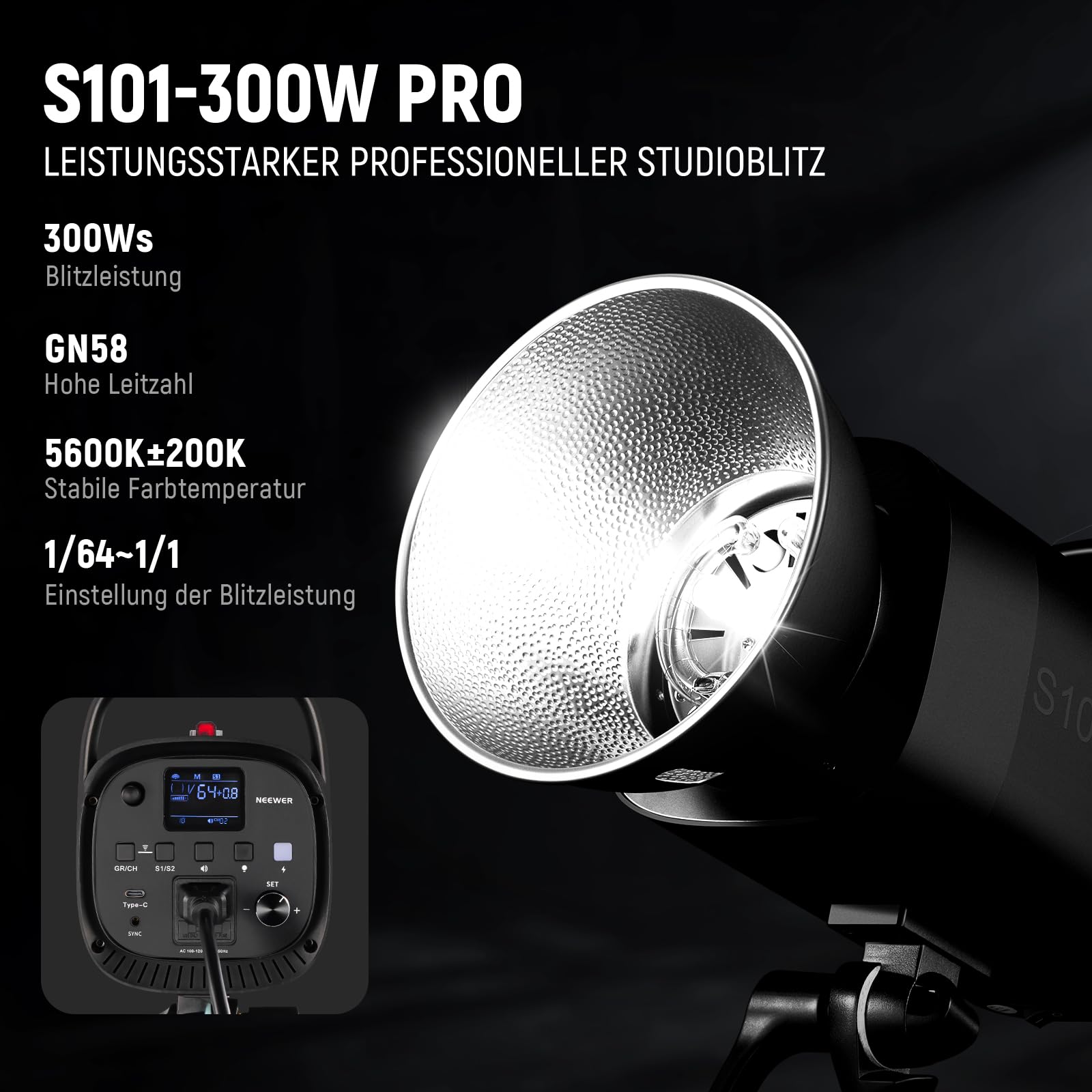 NEEWER S101-300W PRO Studio Flash Blitzlicht Studioblitz mit 2,4G Auslöser 150W Einstelllampe 300Ws GN58 5600K Bowens Mount Reflektor S1/S2 Modus leiser Lüfter kompatibel mit QPRO für Produktaufnahmen