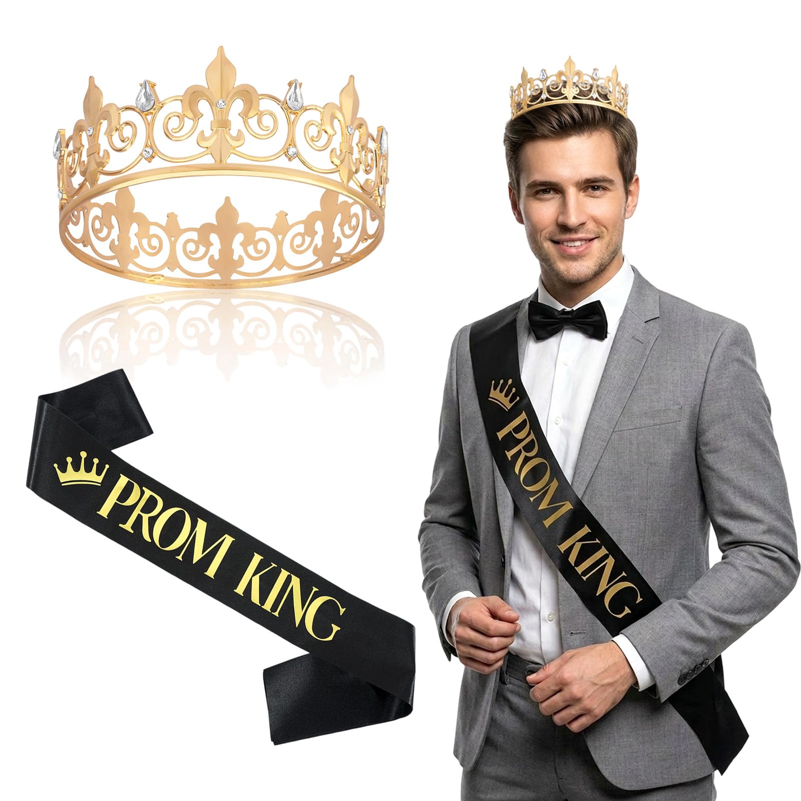 GLGHMH 2pcs Prom King Crown and Sash Set for Adults, Gold Crown with Black Satin Proms King Sash, Crystal King Headpiece Accessories for Graduation Prom, Party, Ball, Wedding