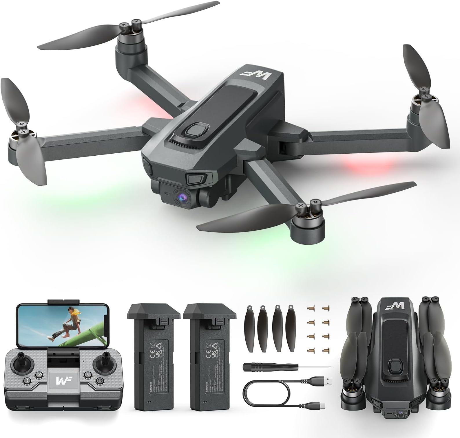 WeFone WF20 Drone with 1080P FPV Camera for Beginners, Foldable RC Quadcopter with Brushless Motor, Headless Mode, Adjustable Speed, One Key Take-off/Landing, Flight Path, 2 Batteries, Black