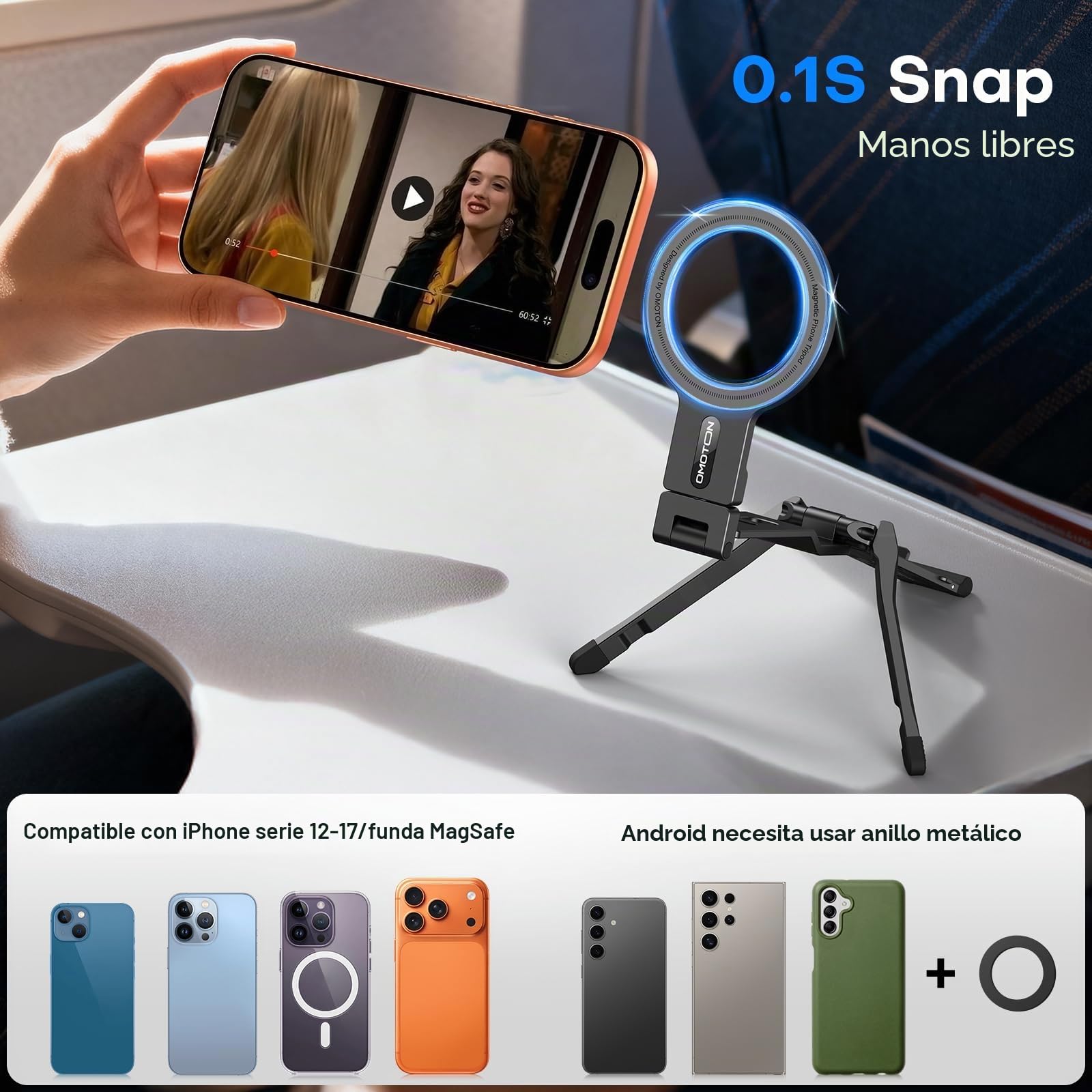OMOTON TP03 Trípode Giratorio 360° para MagSafe, Trípode Magnético Ultradelgado con Tornillo de 1/4" y Gancho, para iPhone 17/16/15 Pro MAX, Soporte Plegable para Teléfono para Vlog, Gimnasio, Viaje