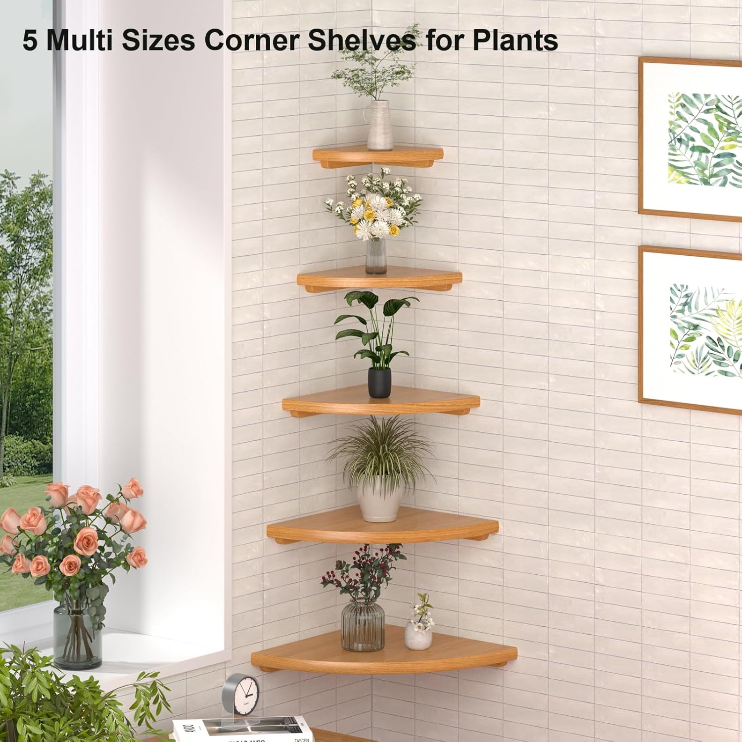 Floating Corner Shelves for Wall Set 2 10inch Solid Oak Rounded Corner Shelves Wall Mounted with Cable Hole Wood Corner Hanging Shelves for Living Room Bedroom Bathroom Kitchen