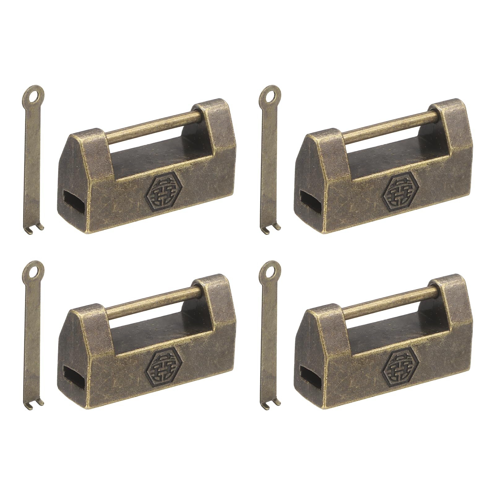 PATIKIL Vintage Decorative Horizontal Padlock, (1.22", Bronze) (4Pcs), Retro Chinese Small Happiness Padlocks Carved Lock with Key, Suit for - Jewelry Box/Cabinet/Drawer/Chest Decoration