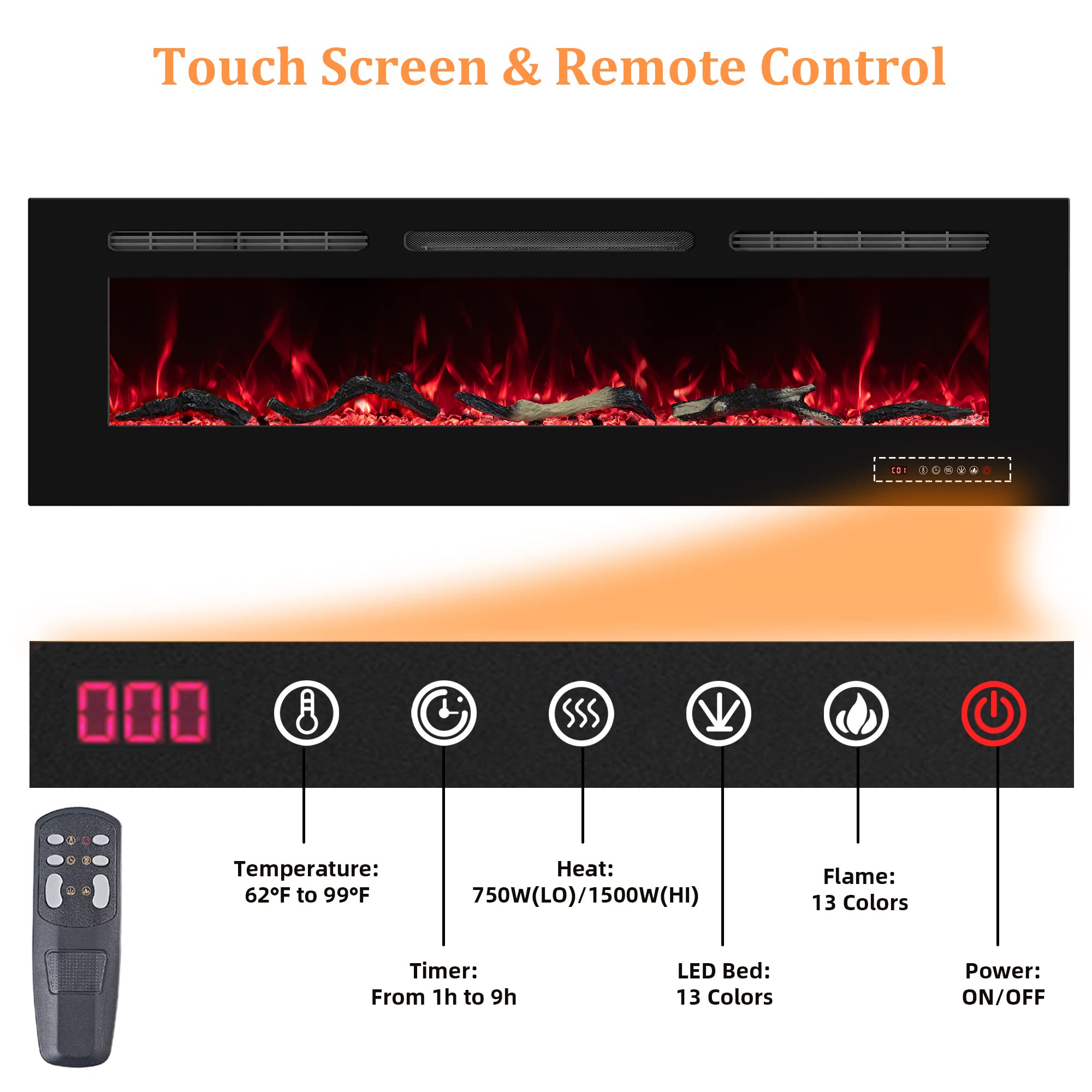Elektrokamin Wandmontage, 13 Farbmodi LED flammeneffekt, 152 cm Kamin Heizung Glas-Touchscreen und Fernbedienung,1500W(60")