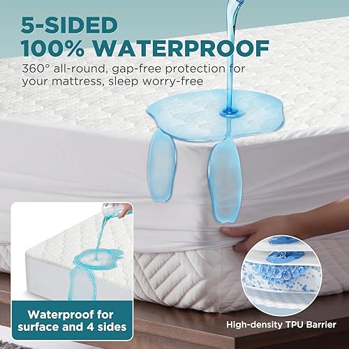 Miniatura 3 de Protector de colchón impermeable de 5 lados, tamaño matrimonial, acolchado de rayón de bambú, sábanas bajeras transpirables y refrescantes sin