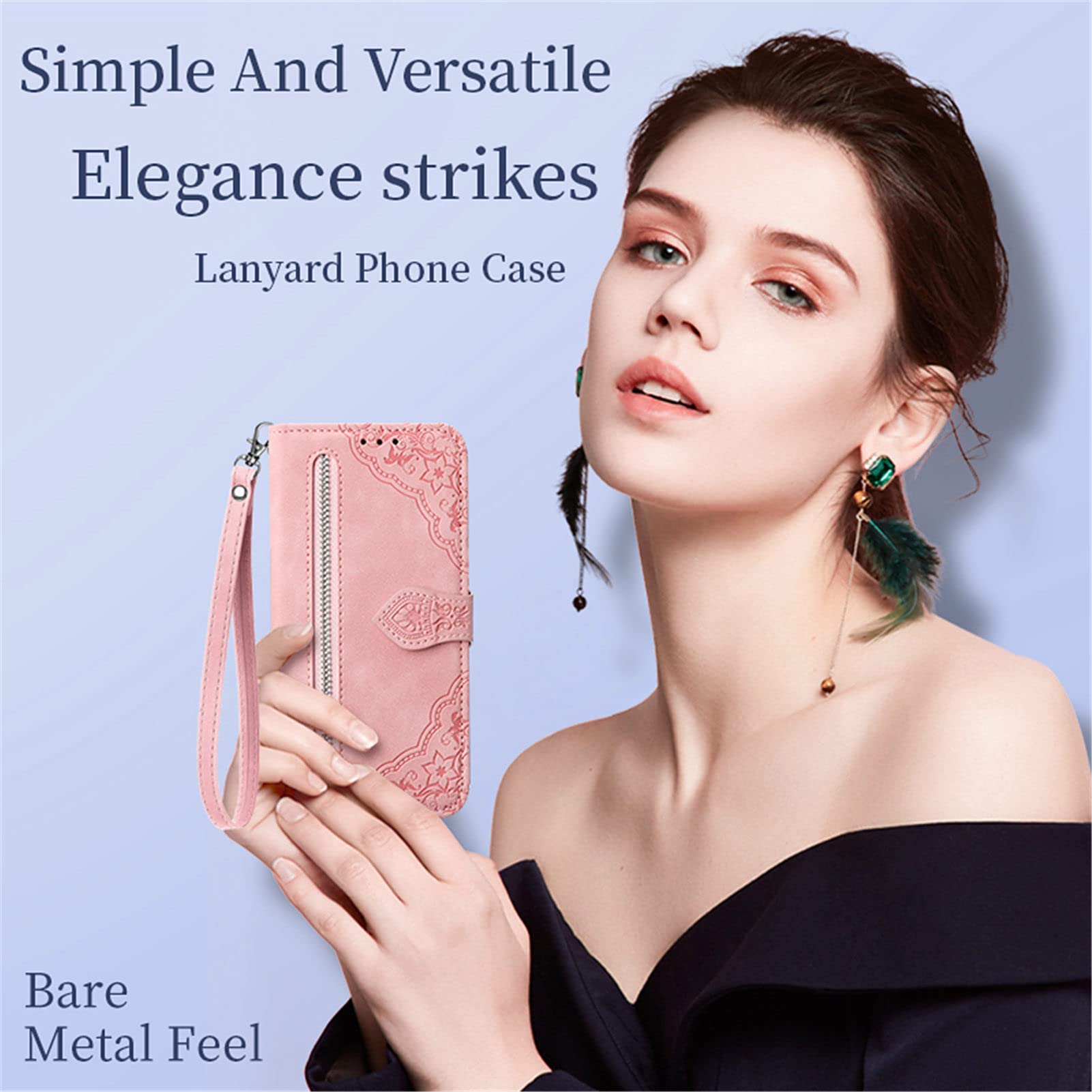 Custodia Flip Con Portafoglio Per Oppo A77 5G, In Pelle PU Con Chiusura Magnetica, Tasca Con Cerniera, 7 Slot Per Carte, Cinturino Da Polso E Supporto, Colore Rosa Goffrato Fiore.