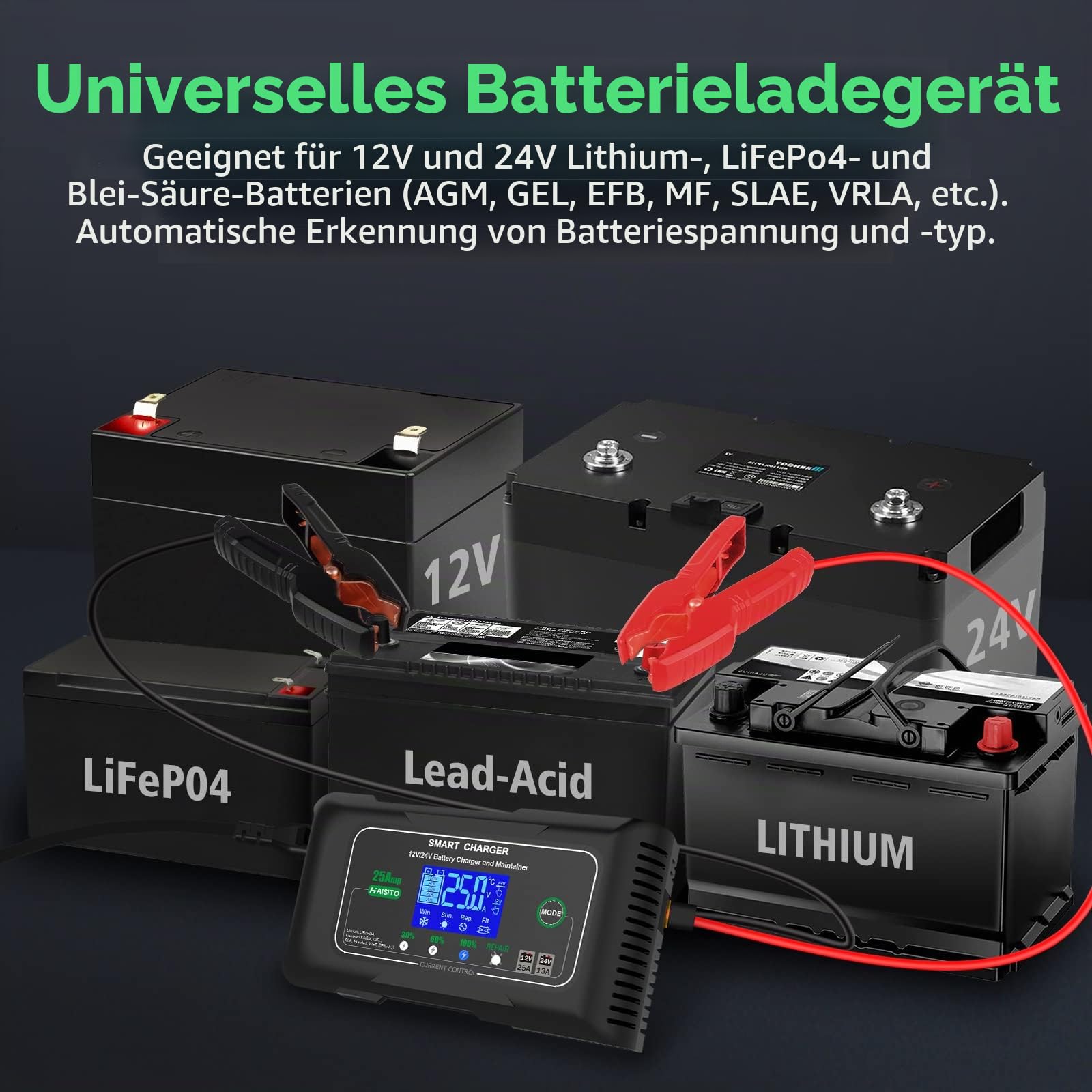 Haisito Ladegerät Autobatterie 12V/24V 25A, Intelligentes Schnell KFZ Batterieladegerät LiFePO4 , Erhaltungsladegerät für Auto Motorrad Lithium Bleisäure Batterien(AGM, Gel, EFB, MF, VRLA)