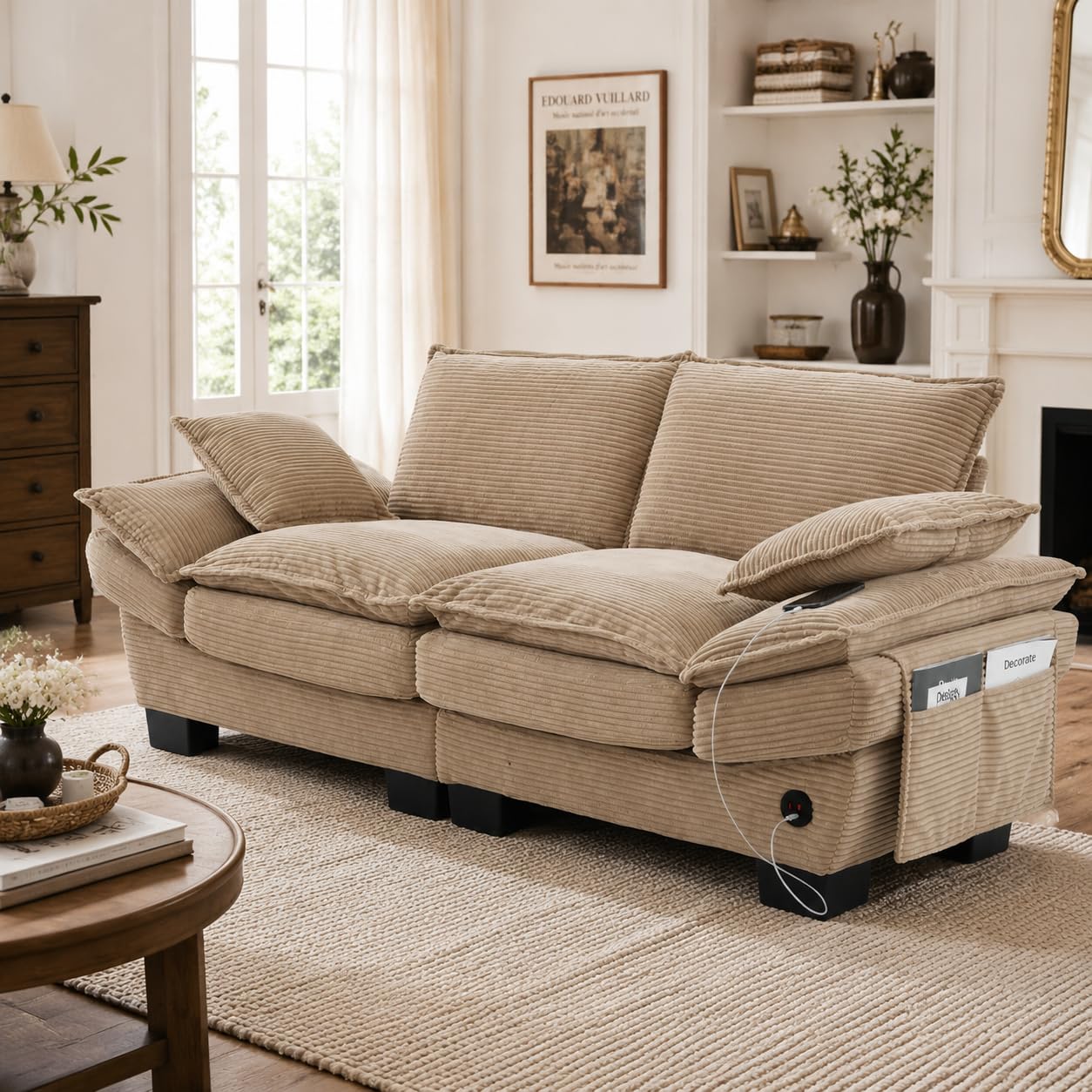 Sofá Cama con Respaldo y Almohada para Salón, Sofá Doble con Cómodos Cojines y Reposabrazos, Sofás con Bolsillos Laterales para Dormitorio Apartamento, Sofás Modular, Pana (Caqui)