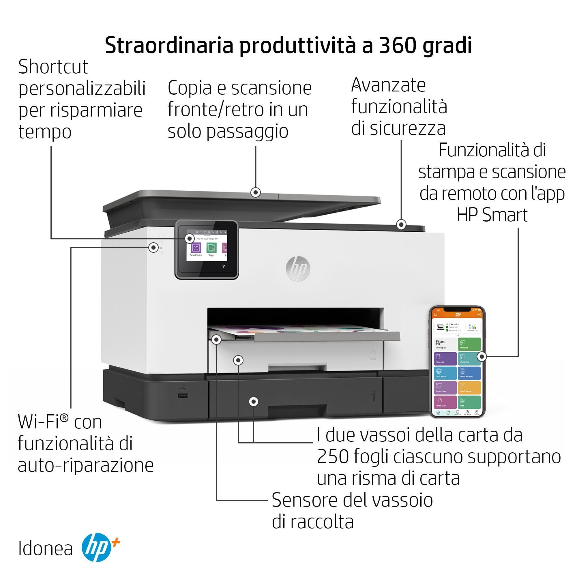 HP OfficeJet Pro 9022e 226Y0B, Stampante Multifunzione a Getto d'Inchiostro A4 a Colori, Fronte e Retro Automatico, 24 ppm, Wi-Fi, 6 Mesi di Inchiostro Instant Ink Inclusi, Nera