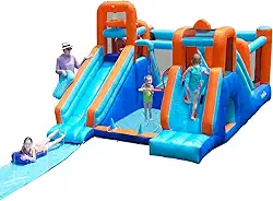 AirMyFun Casa De Salto Inflável, Segurança E Toboágua Duplo Com Ventilador De Ar, Casa De Brincar Com Piscina De Bolinhas, Escorregador Infantil Inflável, Castelo De Salto Com Multifuncional