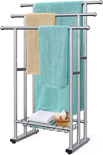 Kayfia 40" Tall 3-Tier Freestanding Towel Rack for Bathroom with Storage Basket - Blanket Ladder for Oversized Bath Towels, Poolside Drying Stand