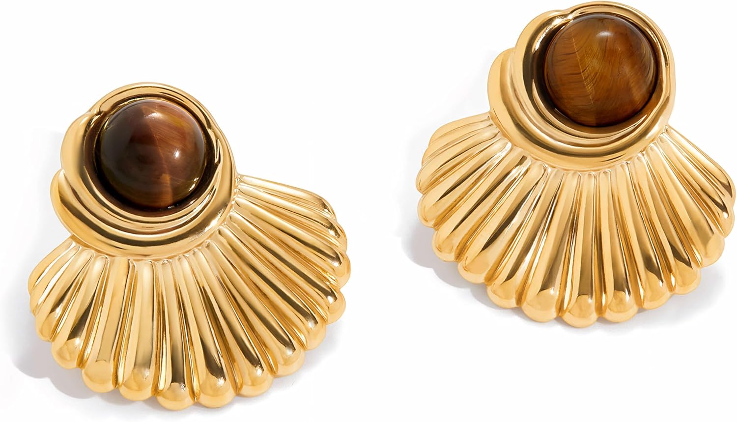Tiger Eye Earrings for Women, 18K Gold Plated Chunky Statement Earrings, Vintage Fan - Shaped Fashion Jewelry