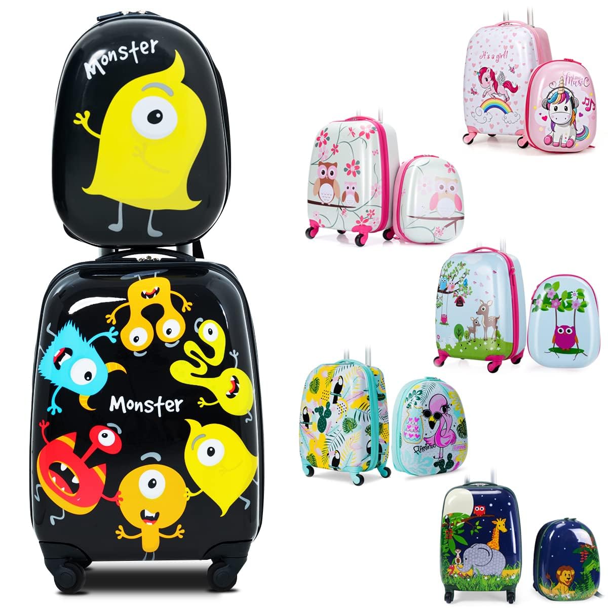 KOTEK Kids Carry On Luggage Set, 16" Hardside Rolling Suitcase with Spinner Wheels, Travel Rolling Luggage for Boys Girls (Monster)