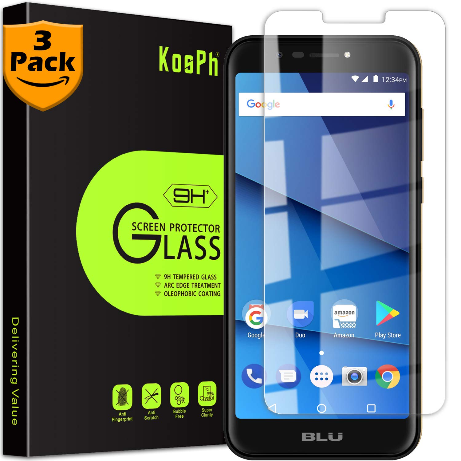 [3-Pack] KOSPH for BLU Studio View XL (S790Q) Tempered Glass Screen Protector, 9H Anti-scratch, 2.5D Arc Edge, Oleophobic Coated, Sensitive Touch, High Clarity (Flat Area Coverage, Clear)