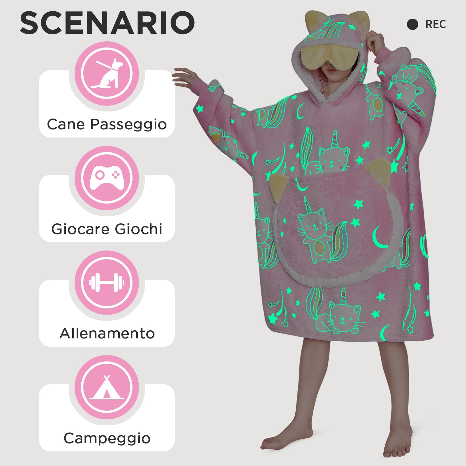 OLAOLA Gatto Felpa con Cappuccio Indossabile che si Illumina al Buio,Felpa Oversize con Cappuccio e Tasche, un Grazioso Regalo di Compleanno e Natale per Adulti