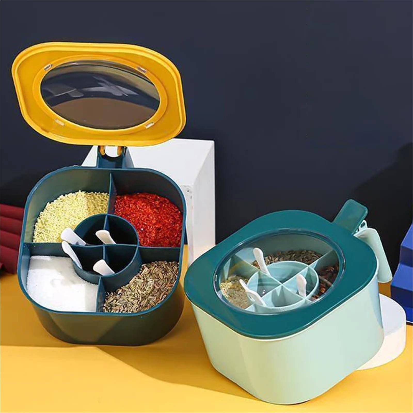 Scatola Di Condimento Scatola for condimenti con cucchiaio Barattolo for spezie Multi scomparto Sale Pepe Barattoli for spezie Pentole Accessori da cucina Contenitore for condimenti Per la Cucina(Blue