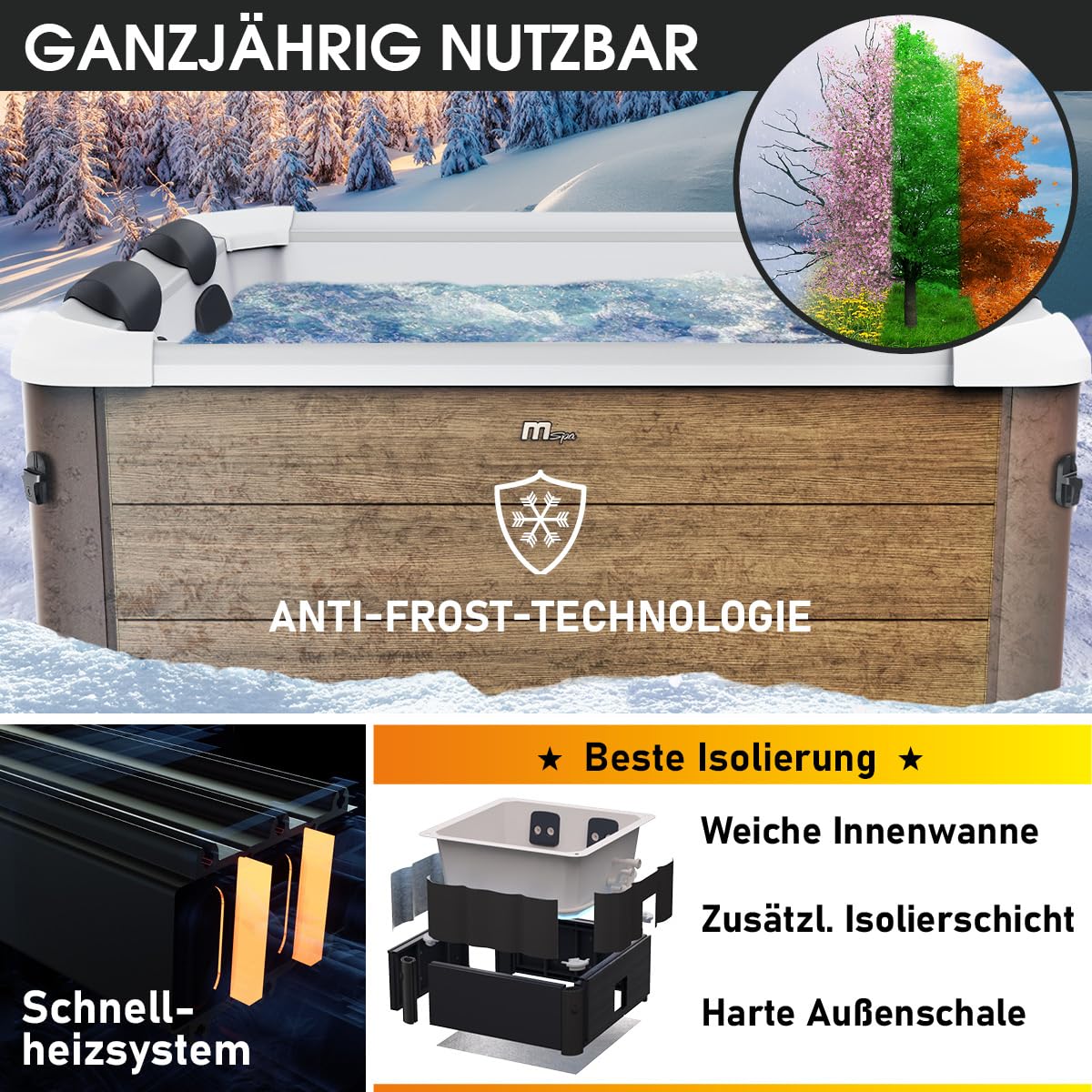 BRAST Whirlpool MSpa Oslo Amber mit Fester Außenwand | LED-Beleuchtung in 20 Farben für 6 Personen | 160x160x65cm | 120 Massagedüsen | Ganzjähriger Einsatz Winterfest | In & Outdoor Pool