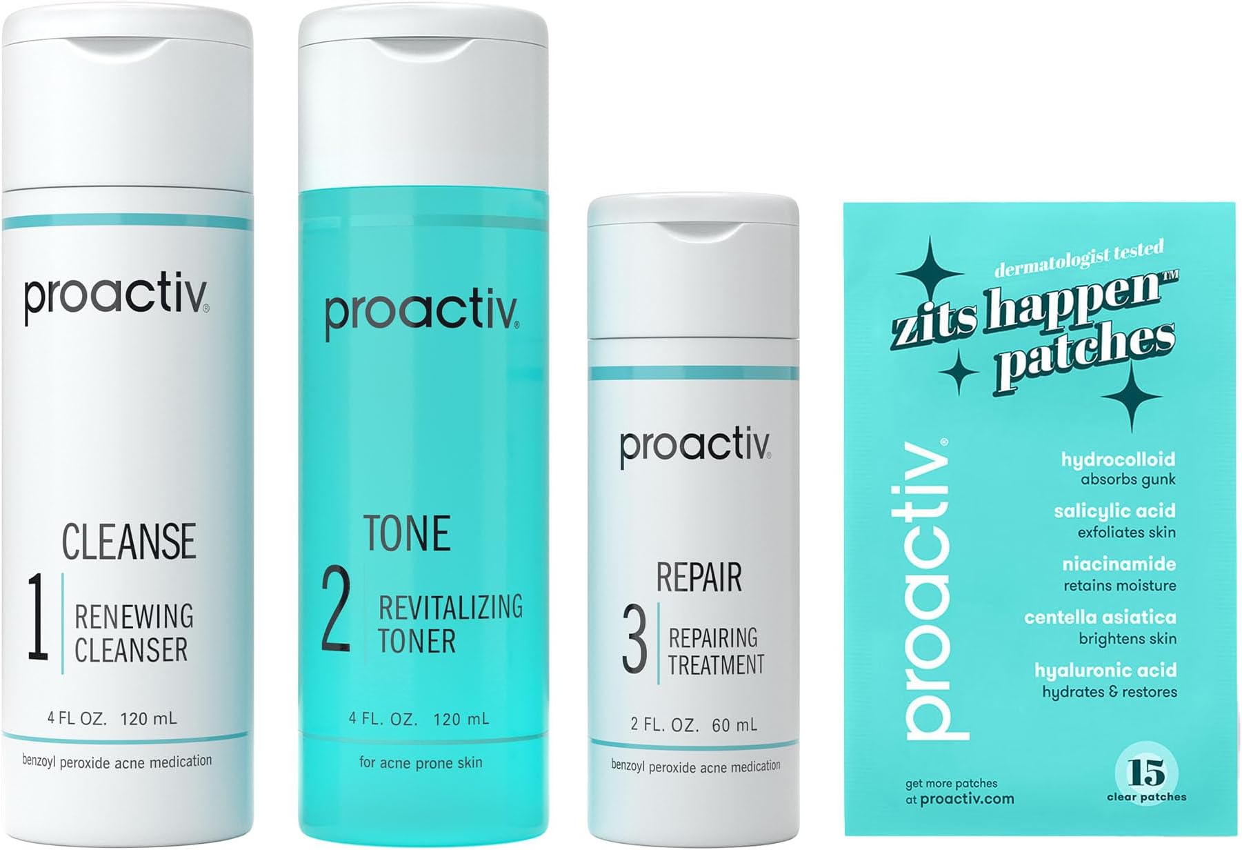 Proactiv 3 Step Acne Treatment - Benzoyl Peroxide Face Wash, Repairing Acne Spot Treatment for Face And Body, Exfoliating Toner - 60 Day Complete Acne Skin Care Kit
