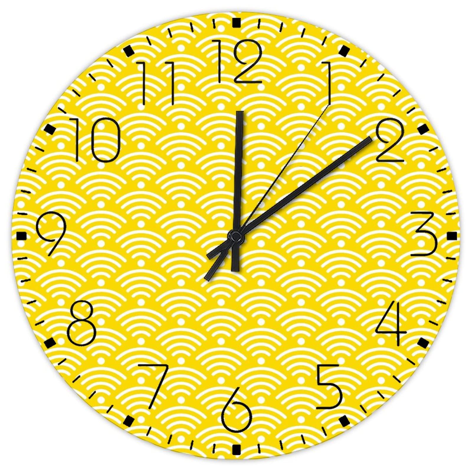 Horloge murale ronde en bois de 38 cm jaune avec rayures géométriques pour salle de bain