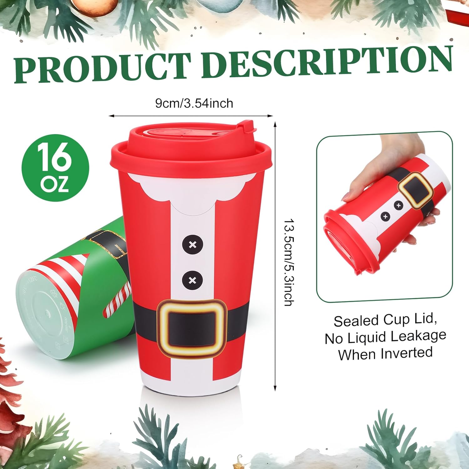50 Pcs 16 oz Christmas Cups with Lids and Straws, Christmas Party Favors Supplies, Santa Elf Belt Pattern Plastic Christmass Party Cups for Xmas Winter Holiday White Elephant Party Decorations