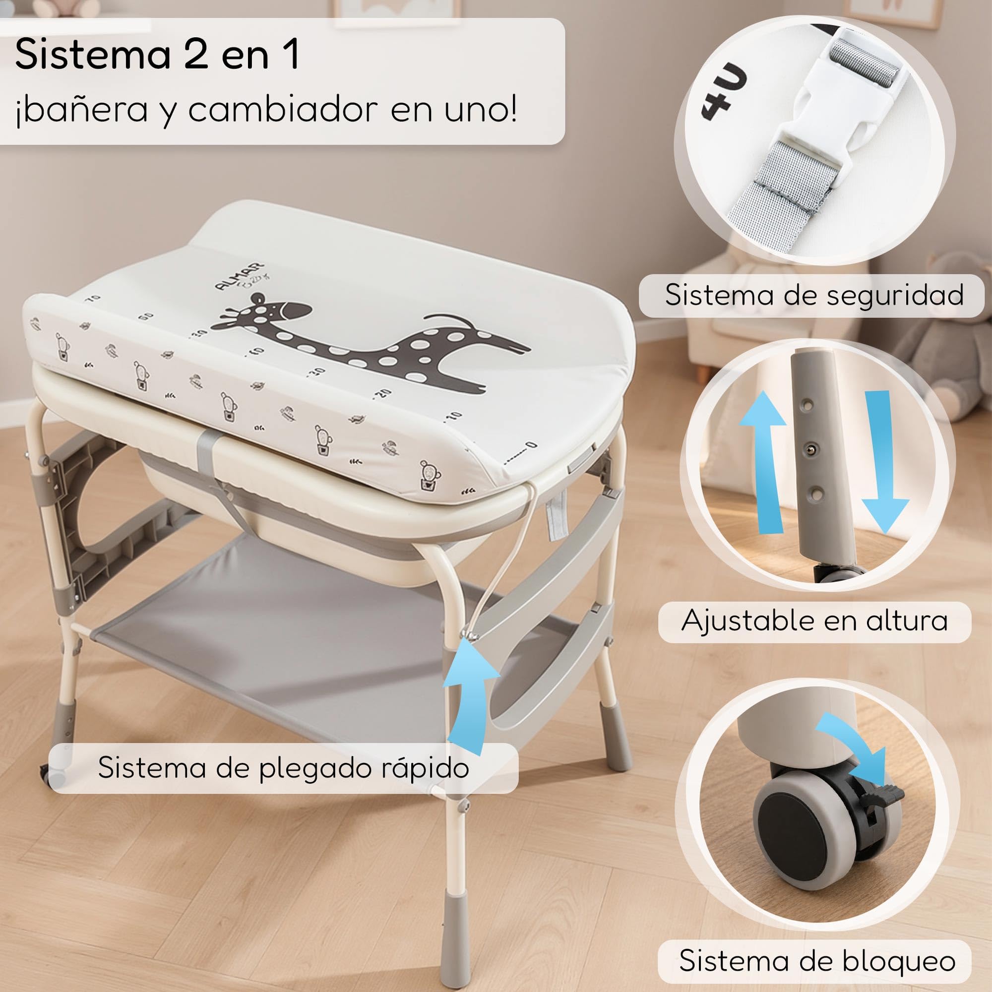 Wickelauflage mit Babywanne faltbar mit Rollen und Organizer | 2-in-1: Wickeltisch und Badewanne, Ablaufschlauch, wasserdichte Matratze, Rollen mit Bremse, geräumiger Stauraum