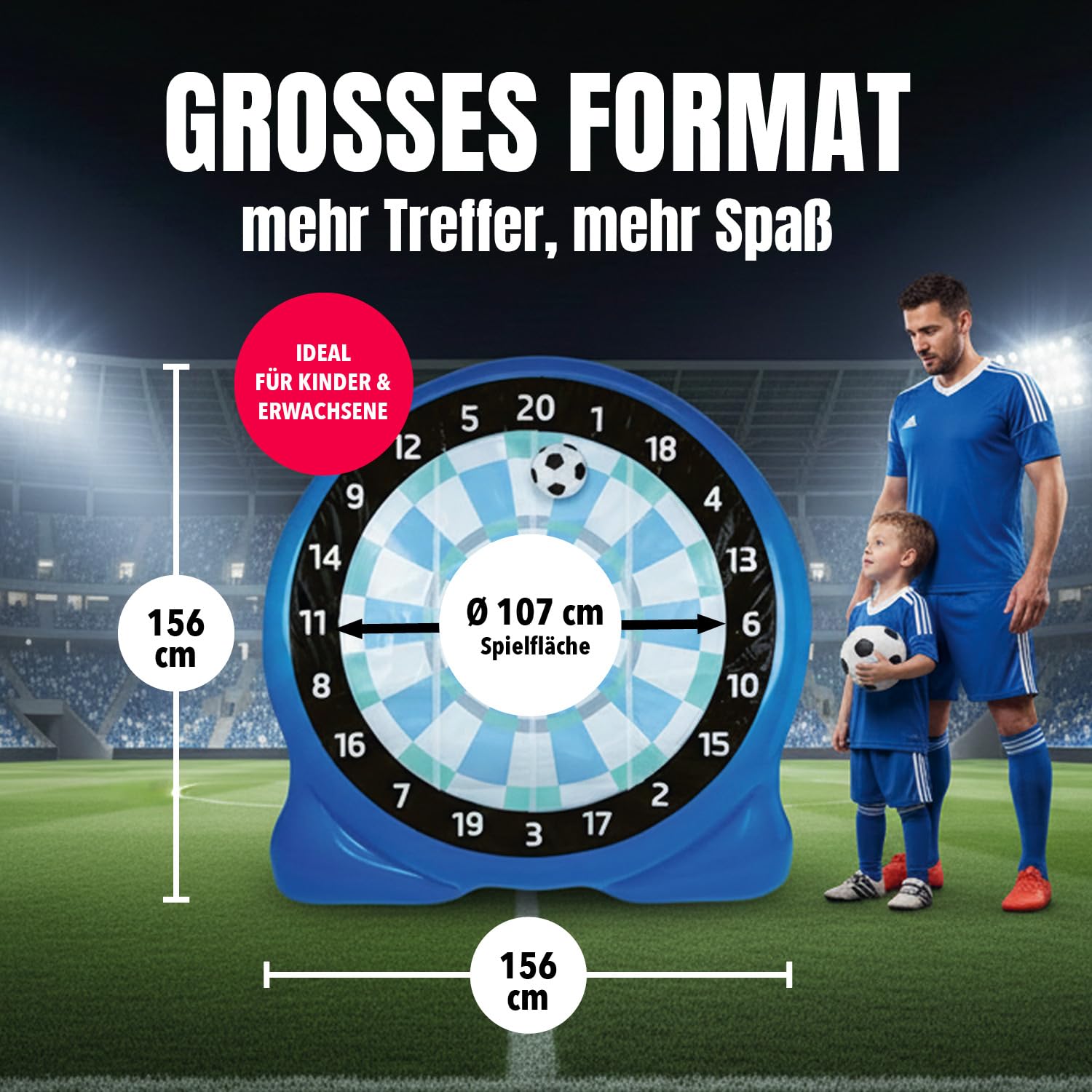 EASYmaxx Fussball Dart aufblasbar Outdoor Komplett-Set mit 2 Bällen, aufblasbare Dartscheibe Fußball mit 107 cm Trefferfläche | ab 6 Jahren | stabil mit Wasserkammer | für Garten, Unterwegs & Events
