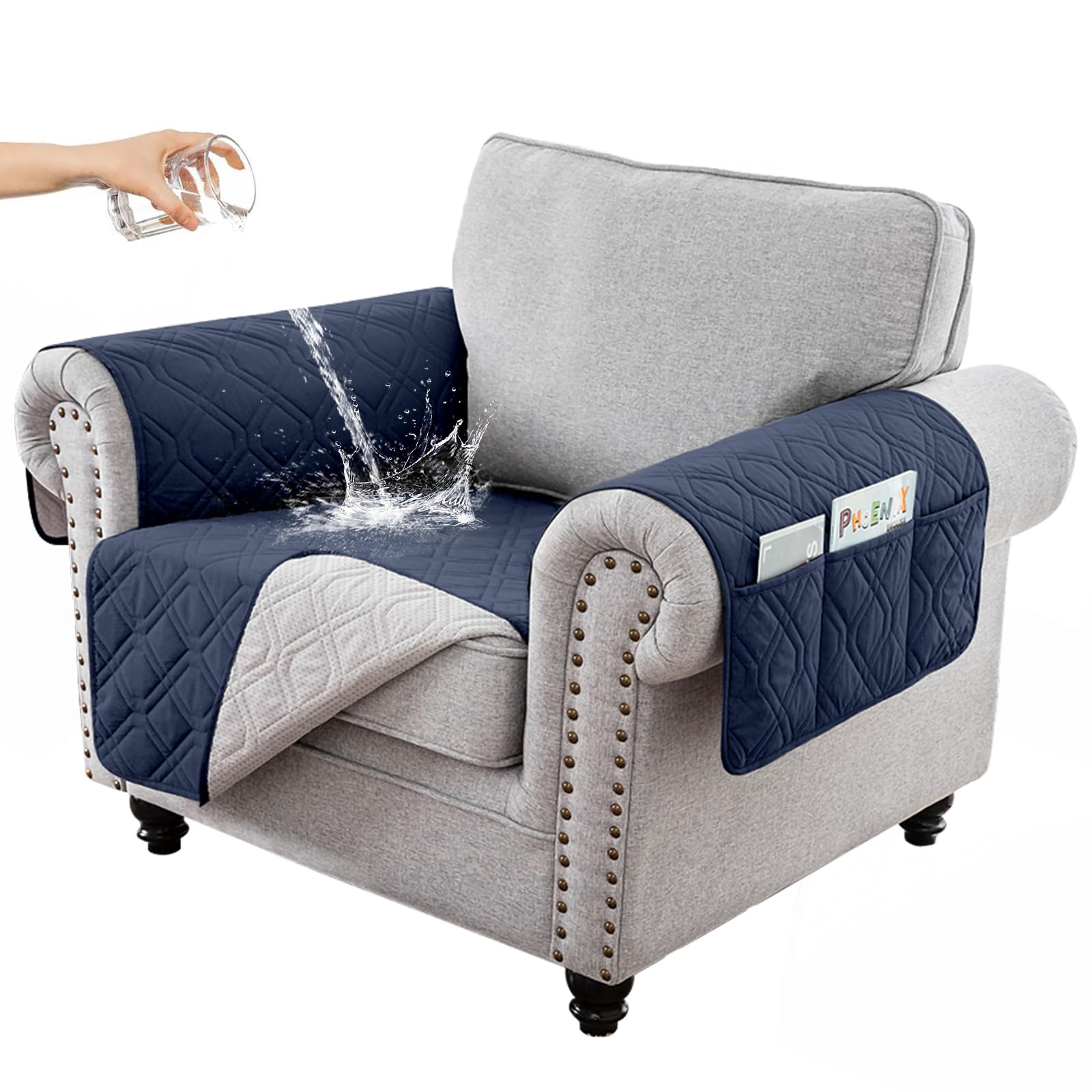 Copridivano Impermeabile 1 Posto Con Tasche Laterali – Antiscivolo, Lavabile, Per Animali E Bambini – Nero/Grigio/Blu - 2