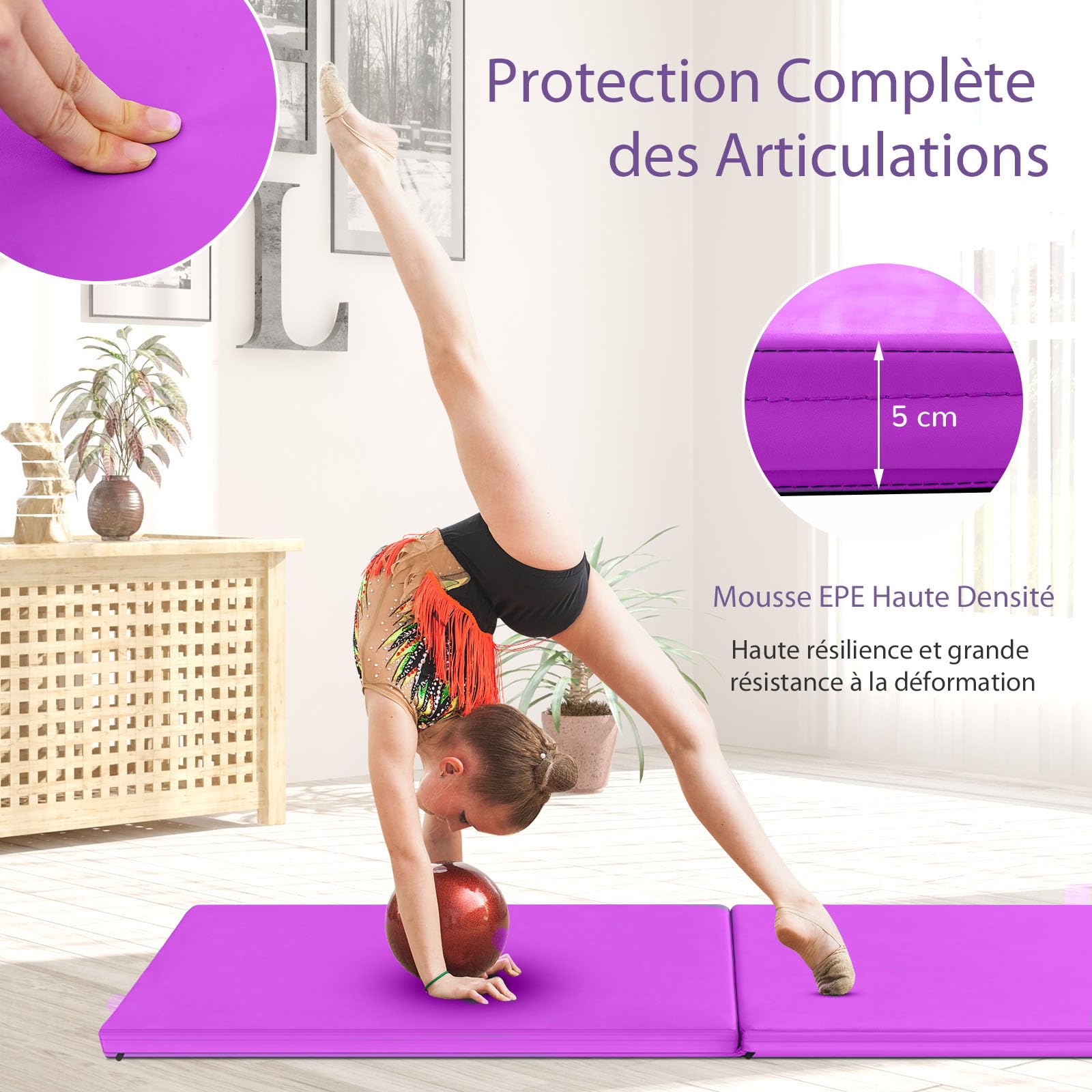 GYMAX Tapis de Gymnastique Épais Pliable 180x60x5cm, Combinaisonable avec Attache Auto-Agrippante, Housse en Simili Cuir, Portable avec Poignées de Transport, pour Yoga Fitness Étirement (Violet Vif)