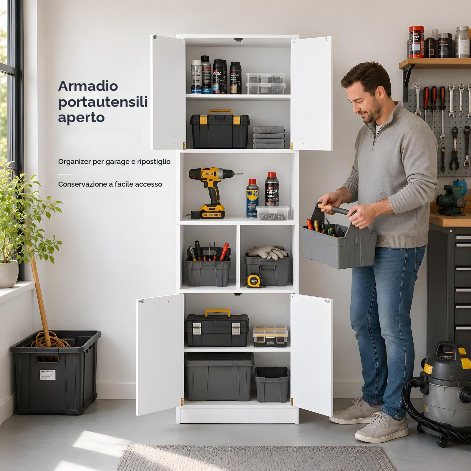 Armadio Ufficio Bianco 60x40x180,5 cm, Schedario da Ufficio con 4 Ante, Vano Stampante e Ripiani Regolabili, Mobile Multiuso Salvaspazio per Camera e Bagno, Credenza per Cucina e Soggiorno