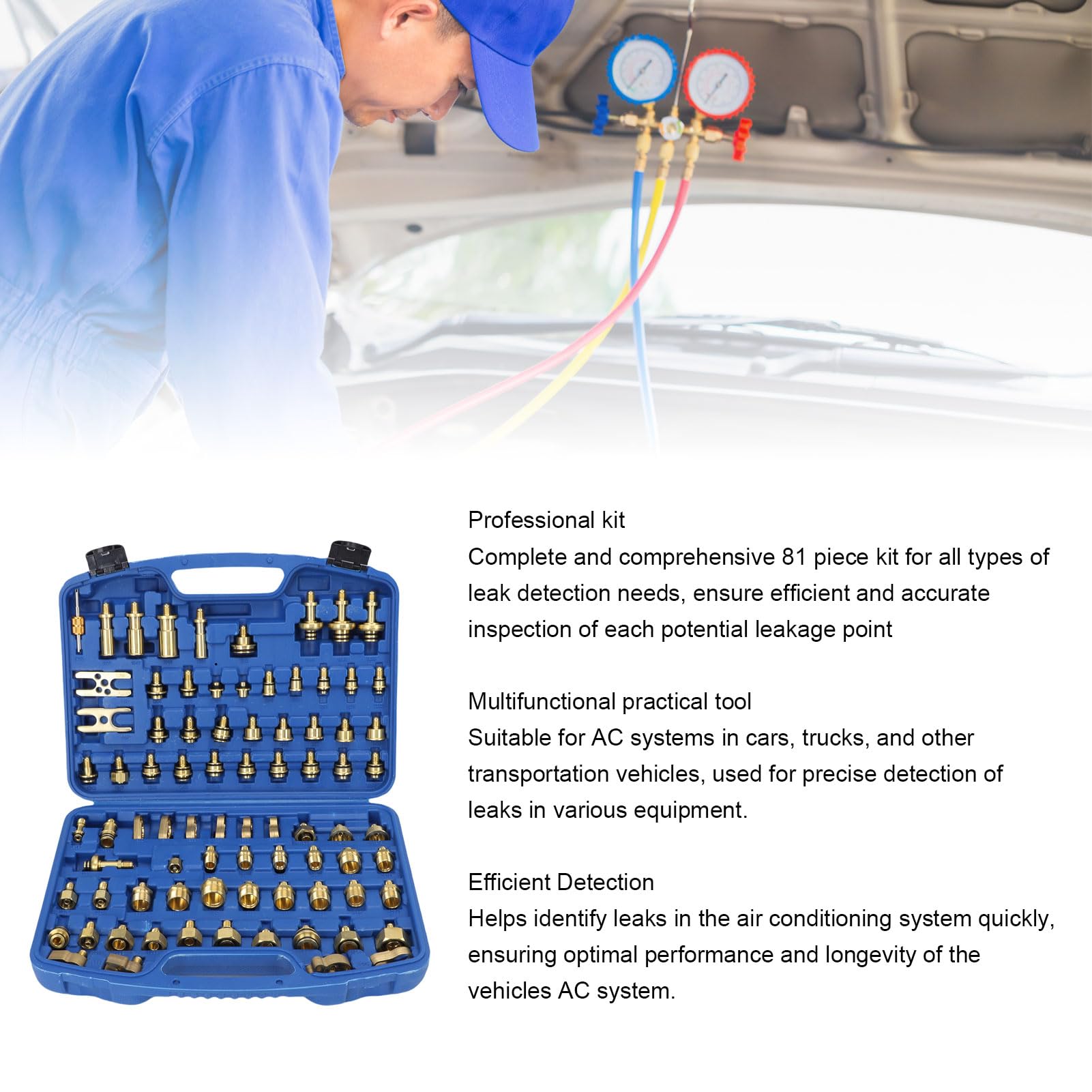 Kit de Prueba de Fugas de Aire Acondicionado Automotriz de 81 Piezas, Herramienta Profesional de Detección de CA de Latón con Estuche de Almacenamiento Resistente, para Re