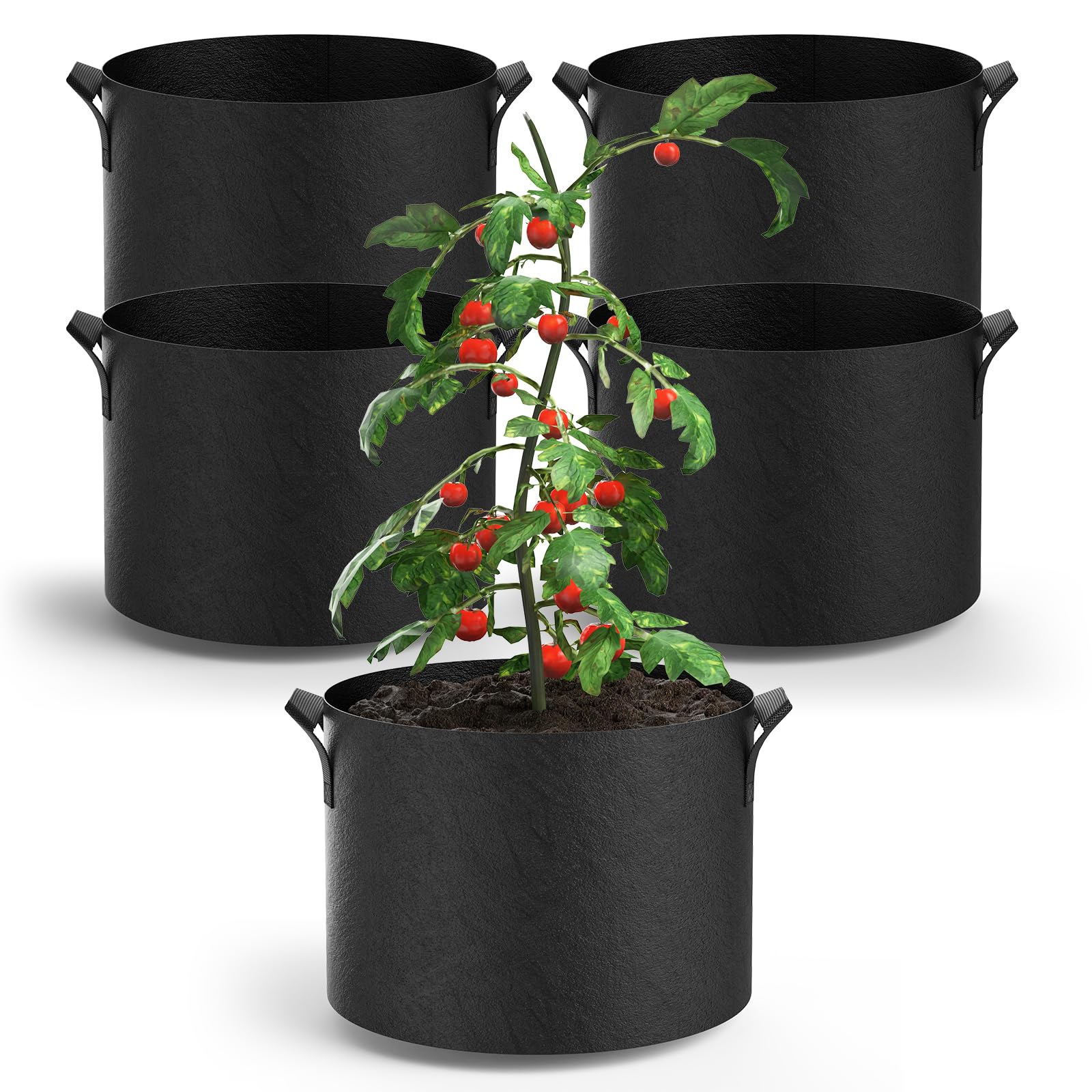 POROLIR 5-Pack Grow Bags 5 Gallon Thickened Plant Grow Bags Multi-Purpose Nonwoven Fabric Pots with Durable Handles, Outdoor Garden Plant Pots for Fruits Vegetables Flowers Herb Bonsai Plants, Black