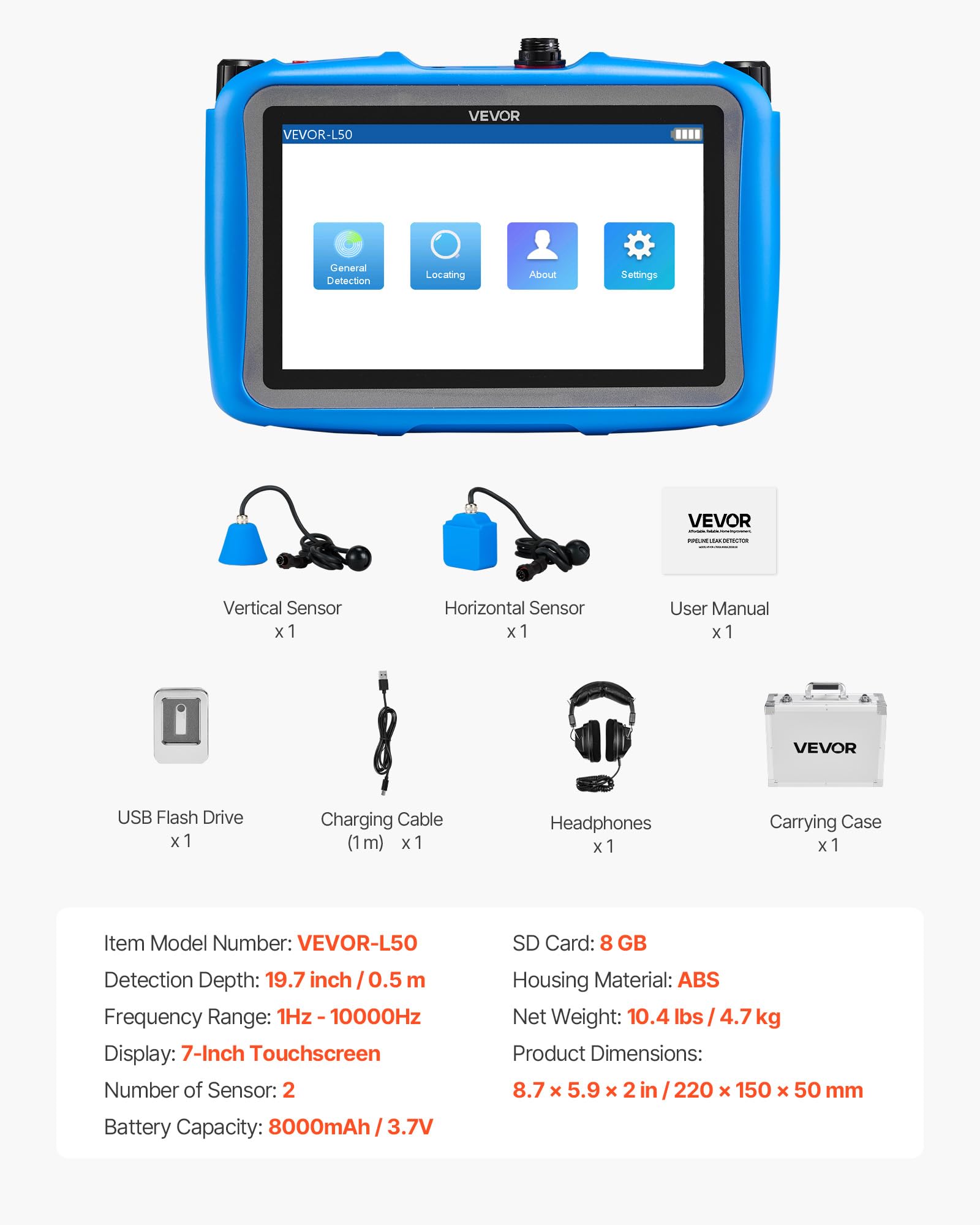 VEVOR Rohr-Wasserleckdetektor, 1 Hz–10000 Hz, 7-Zoll-Touchscreen, Ortungsgerät für Wasserlecks in Rohrleitungen mit horizontalen & vertikalen Sensoren, Kopfhörer, 8 GB SD-Karte & Tragetasche