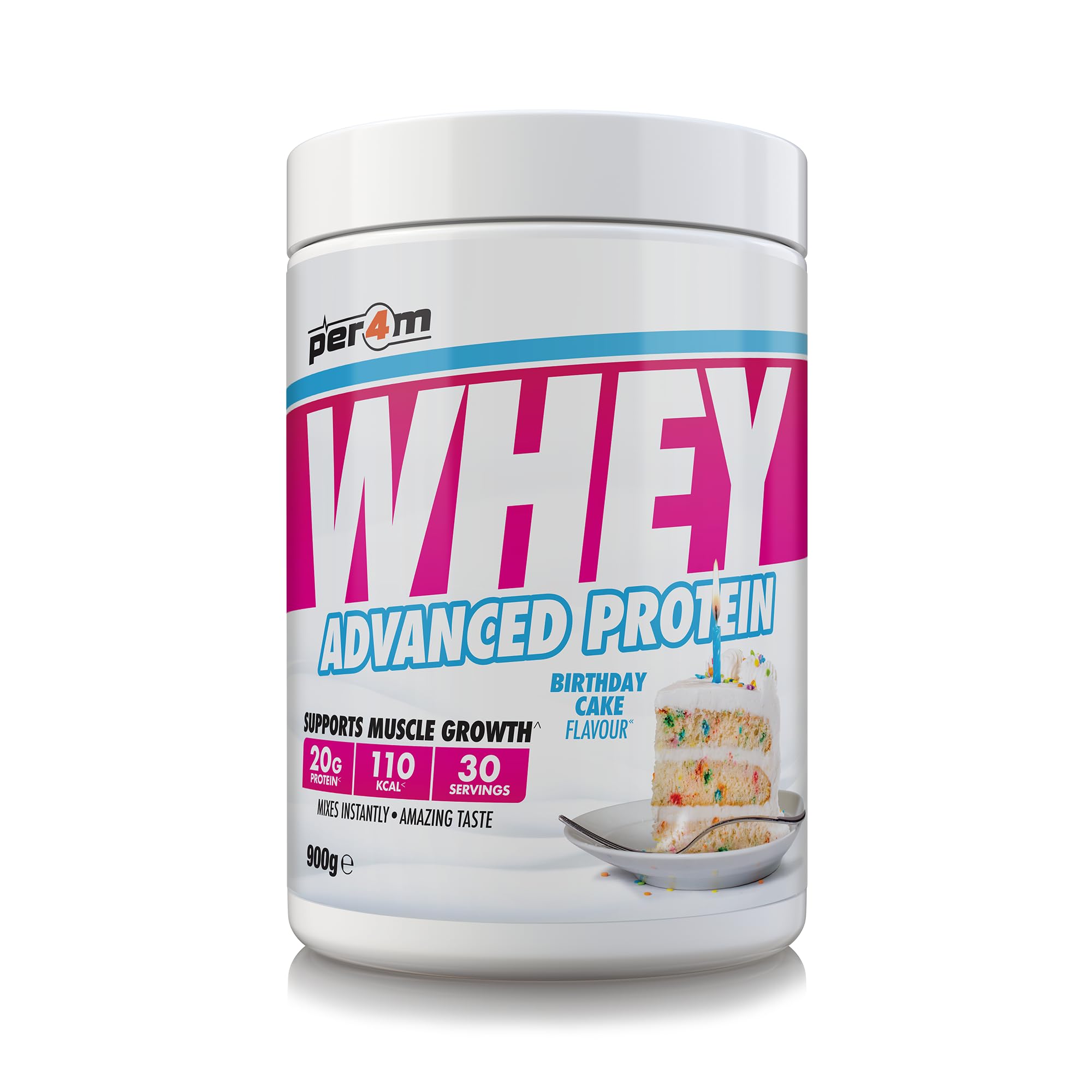 Per4m Whey Protein Concentrée, Prise de Masse et Récupération Musculaire, Acides Aminés Essentiels, Haute Protéine, Faible en Glucides, Complément Fitness Sport – Birthday Cake – 900g
