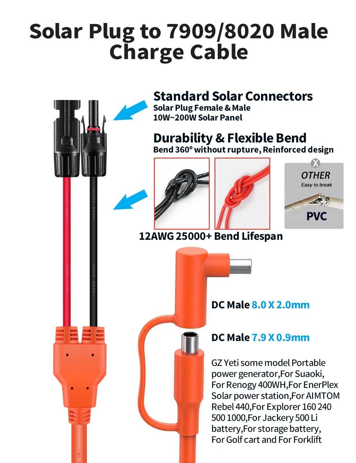 5M Adattatore solare a DC 8 mm e DC 8020, cavo di estensione del pannello solare impermeabile da 12 AWG, connettore e spina solare a DC7909 DC8020 per collegare generatori solari in impianti